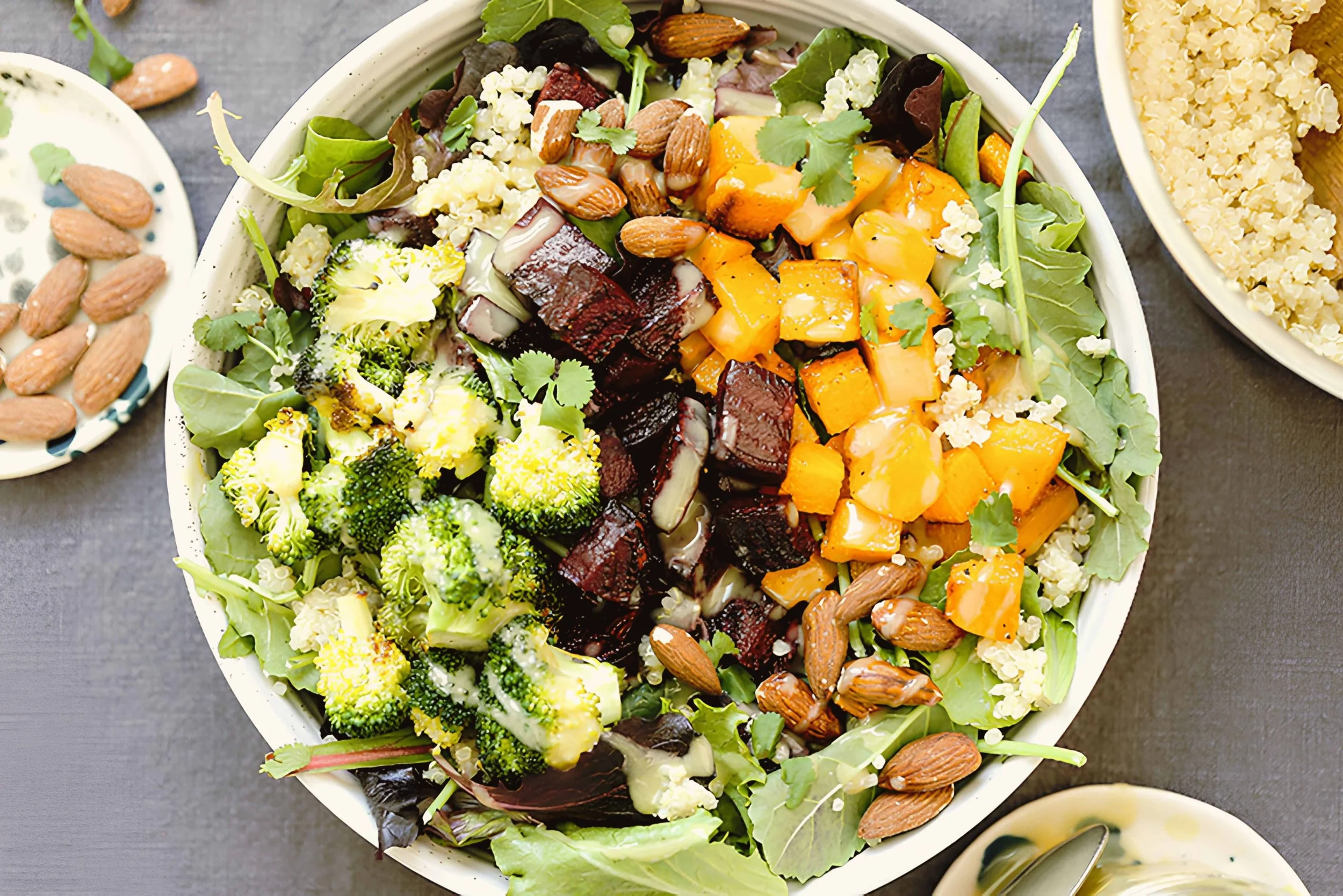 plant-based grain bowl with fresh vegetables and tahini dressing for a wellness retreat meal