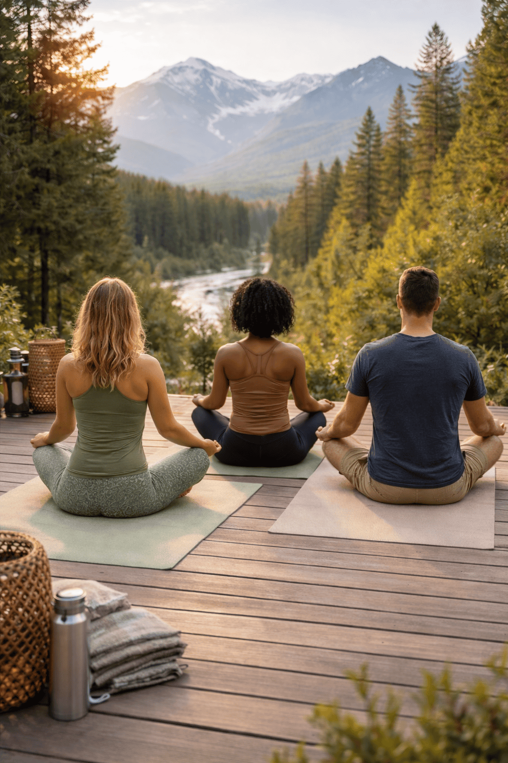 Women practicing mindfulness during outdoor yoga retreat experience