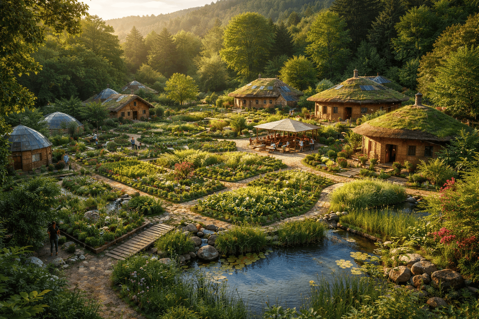 Sustainable ecovillage with regenerative gardens and eco-friendly homes