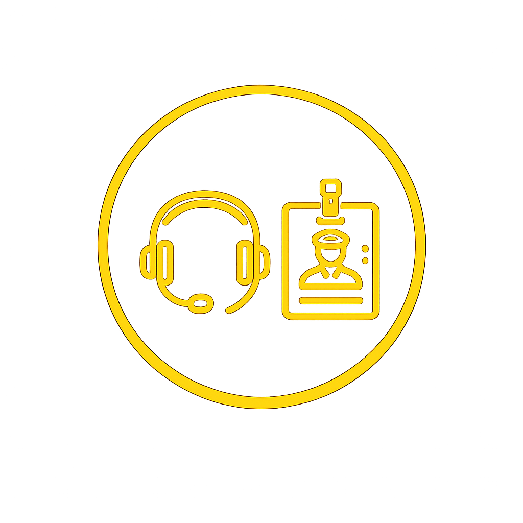 Yellow line drawing of a headset microphone and an ID badge with a person's photo, all enclosed in a yellow circle.