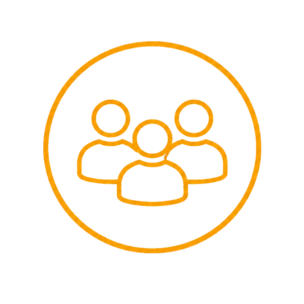 Outline icon of three people inside an orange circle, representing a group or team.