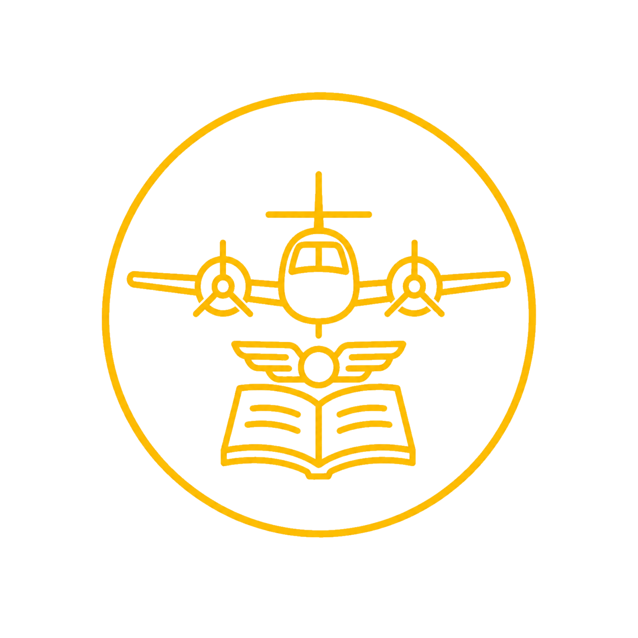 Line drawing of an airplane flying above an open book, with a winged emblem and a circle in the background, all outlined in orange.