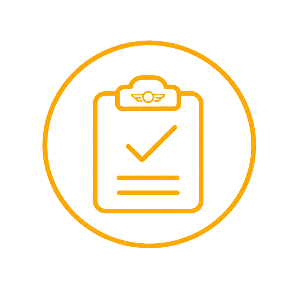 Orange icon of a clipboard with a checkmark in a circle.