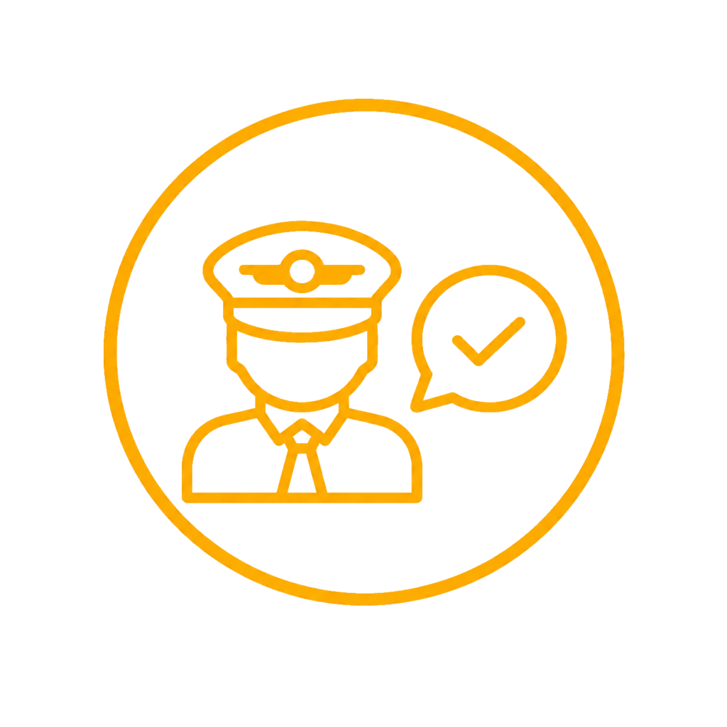 An orange outline icon of a police officer wearing a hat, with a speech bubble containing a check mark.
