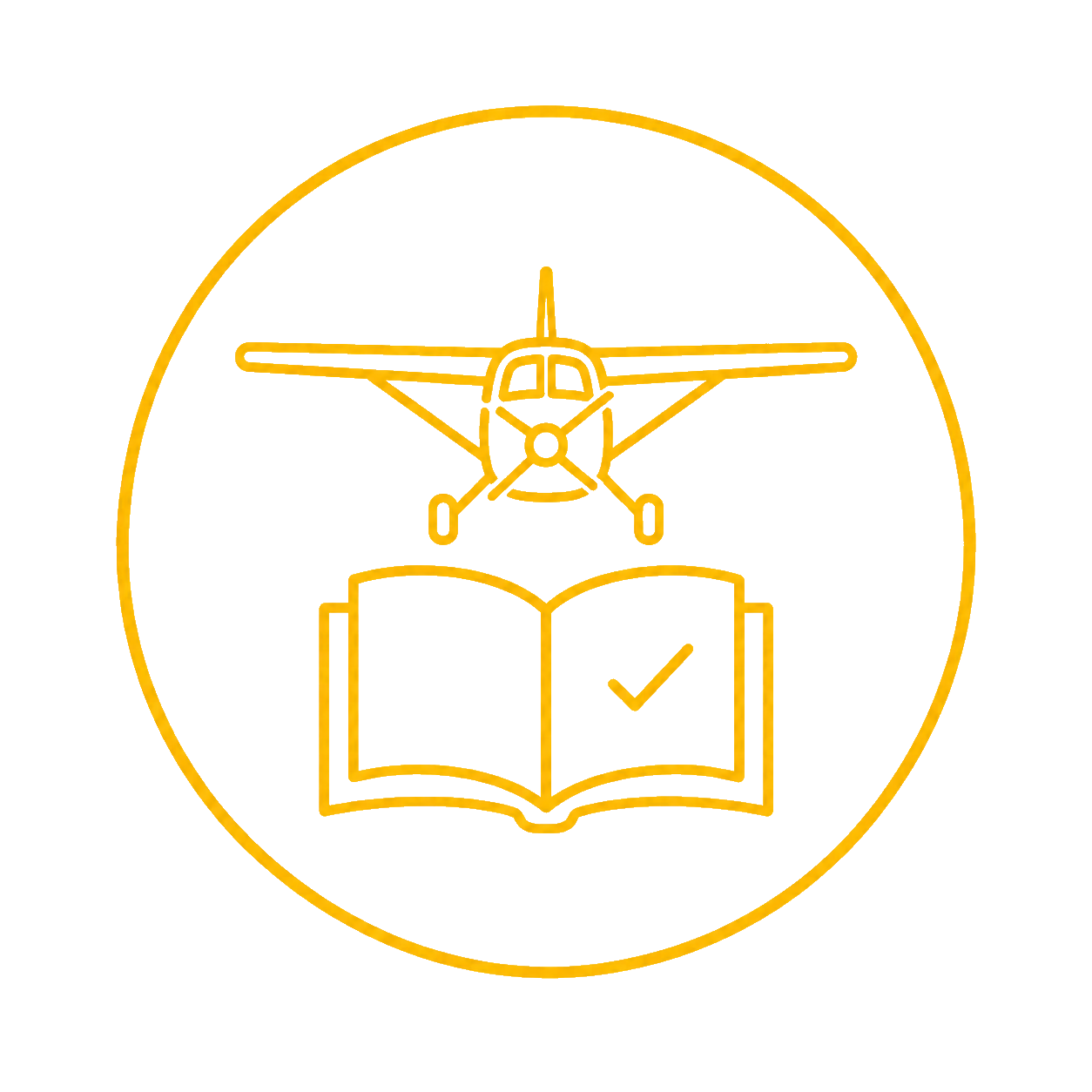 An illustration of an open book with a checkmark on one page, a toy airplane above the book, and a pencil icon, all enclosed in a yellow circle.