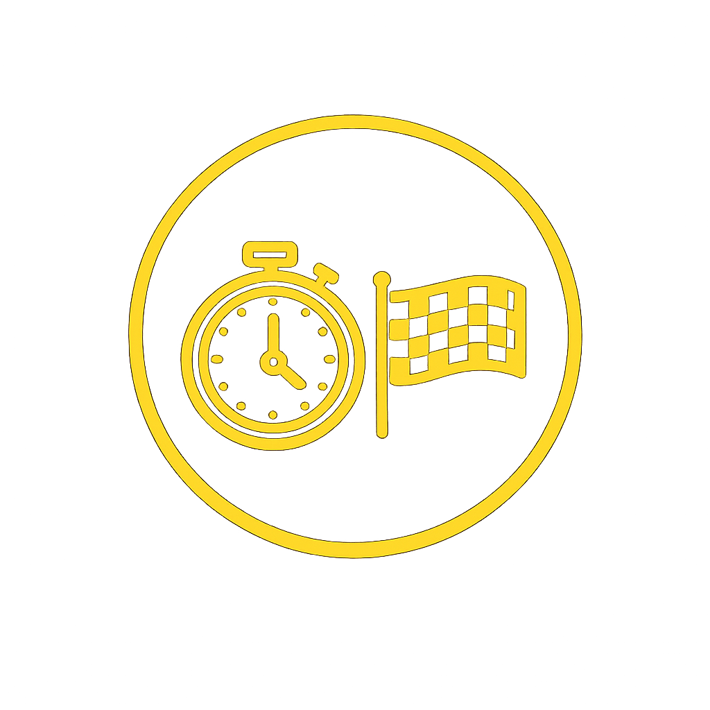 Yellow icon of a stopwatch and checkered flag inside a circle, representing racing or finishing time.