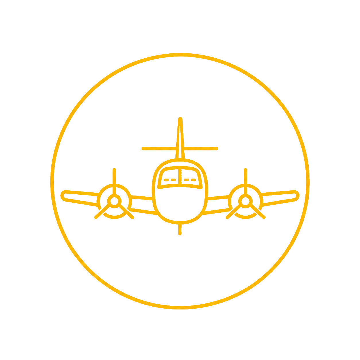A digital illustration of an airplane with propellers, rendered in yellow lines inside a yellow circle.