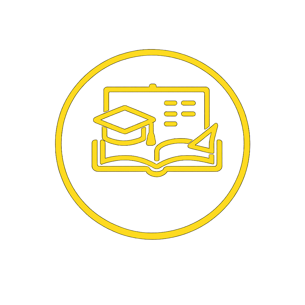 Yellow outline icon of an open book with a graduation cap on top and a chalkboard behind it, all enclosed in a yellow circle.