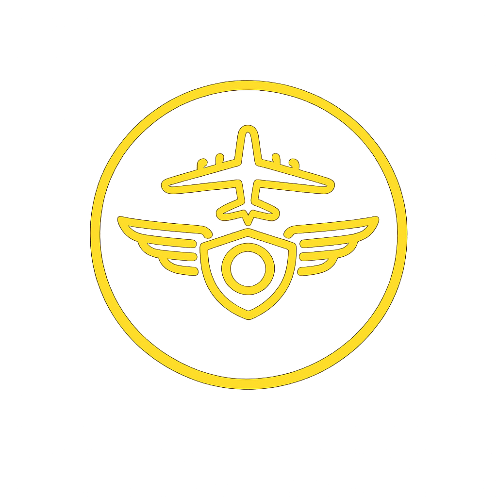 Yellow neon outline of a military aviation badge with a jet, wings, and a shield.