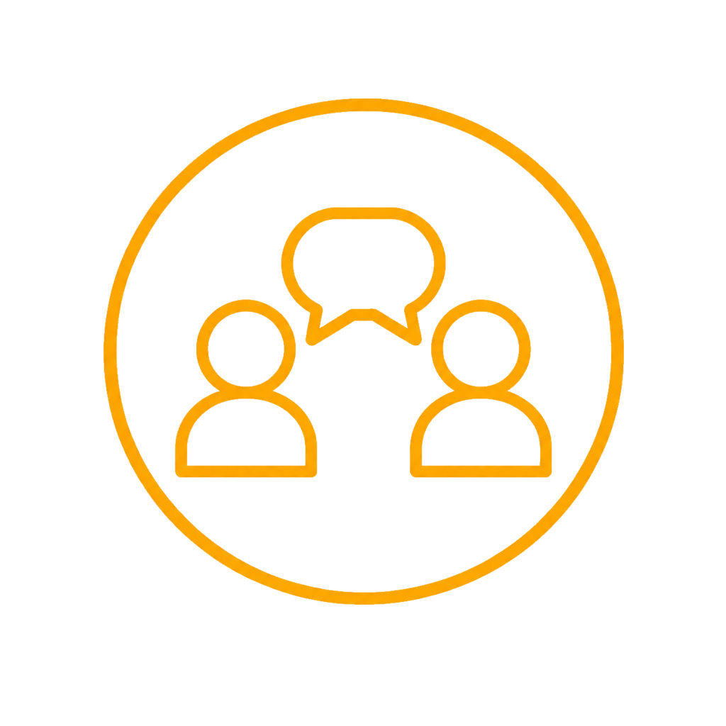 An orange outline of two people with a speech bubble between them, representing communication or conversation.