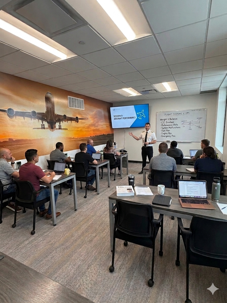 A classroom with a large airplane mural on the wall, a presenter standing in front of a screen displaying 'Session E: Aircraft Performance,' and students seated at desks with laptops and notebooks.
