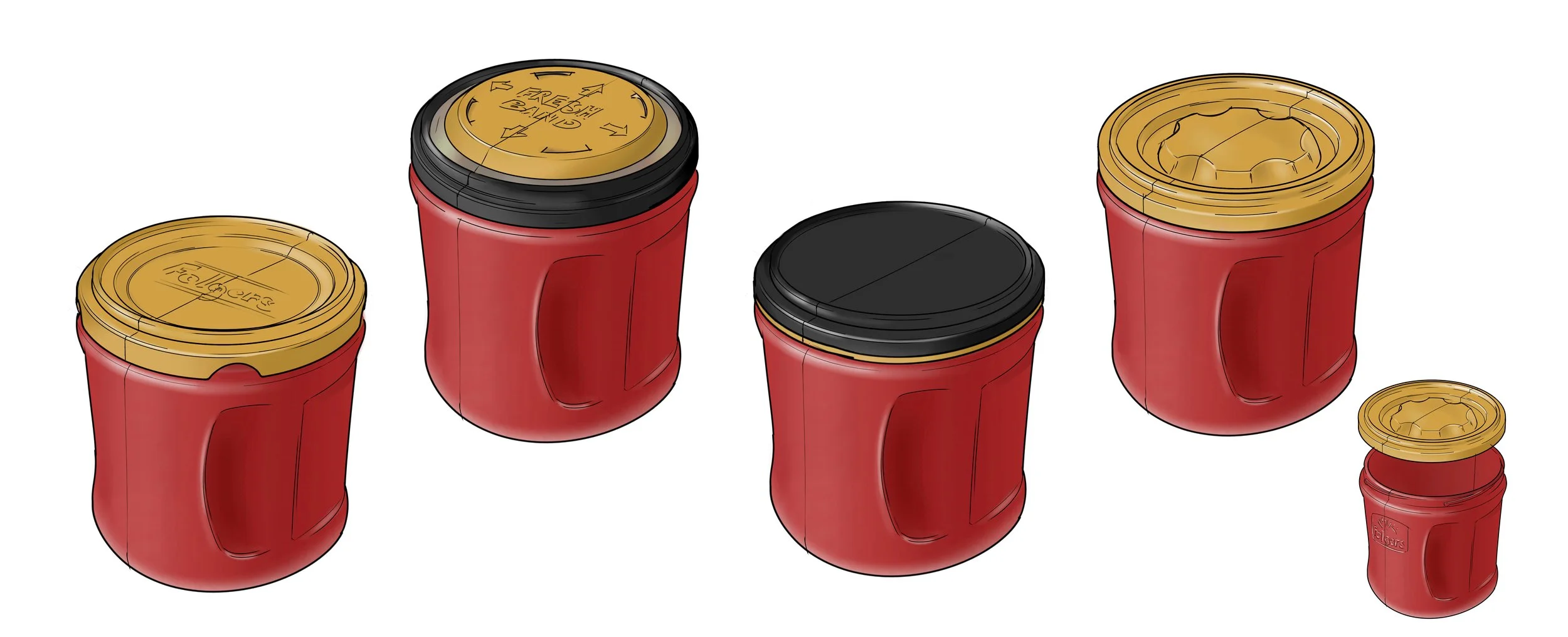  Lid options and more comfortable handle indentations were explored that would give the consumer more confidence in the fresh seal and make the can easier to grasp and manipulate. Ultimately, the lid was kept a simple pop top, but the color was chang
