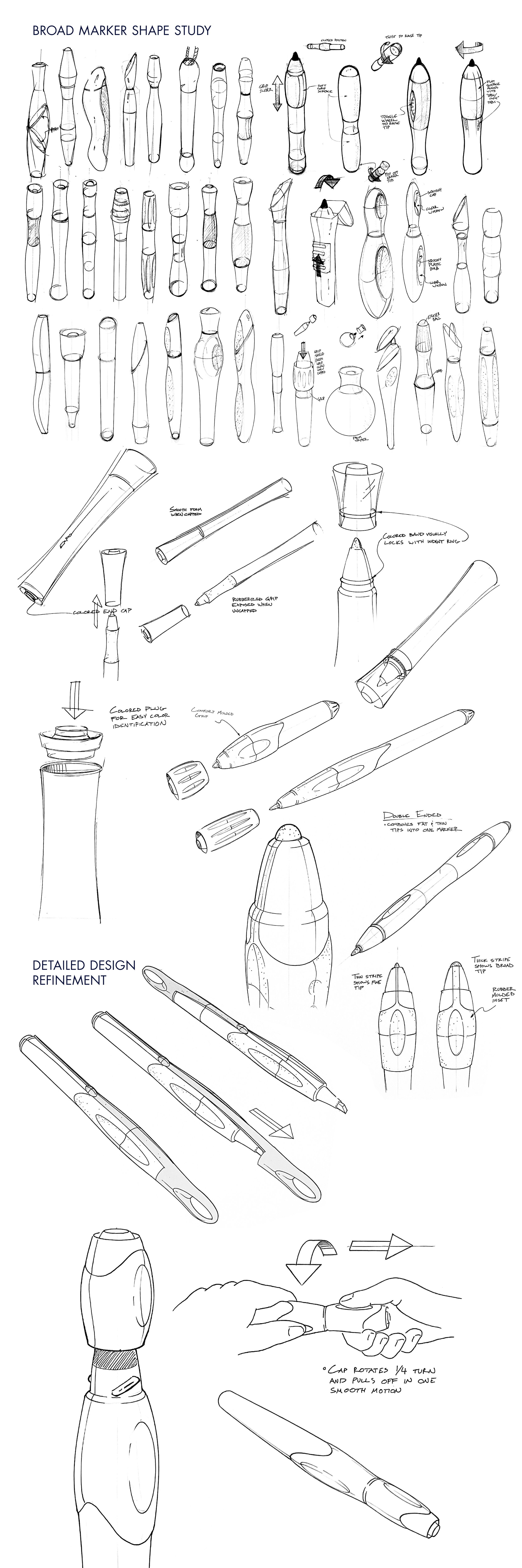 Our team began exploring marker barrel shapes, focusing initially on the general form, then refining the details as the project progressed.