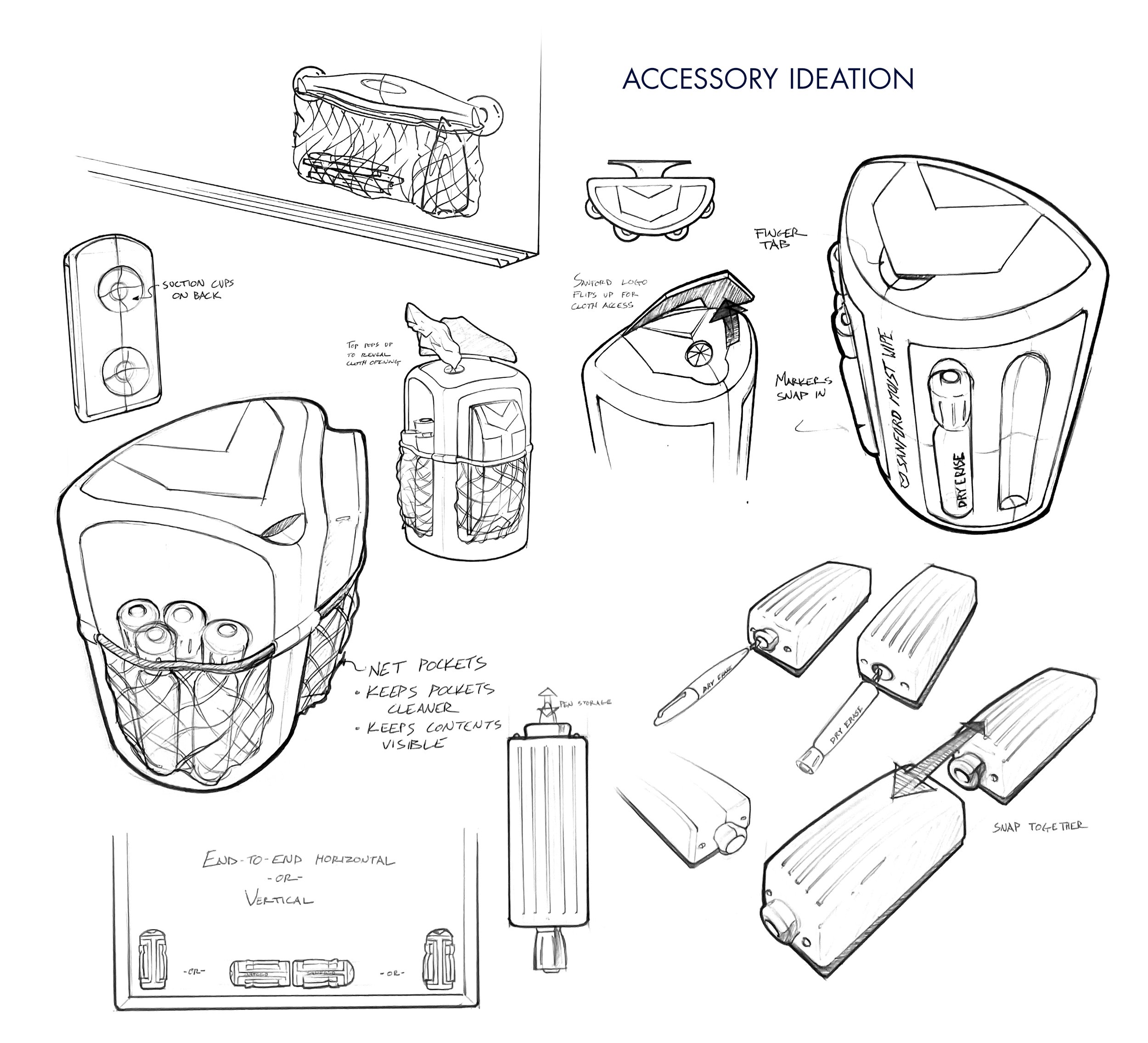 A variety of caddy accessories were explored that might give the existing marker lineup a more premium presence at the white board.