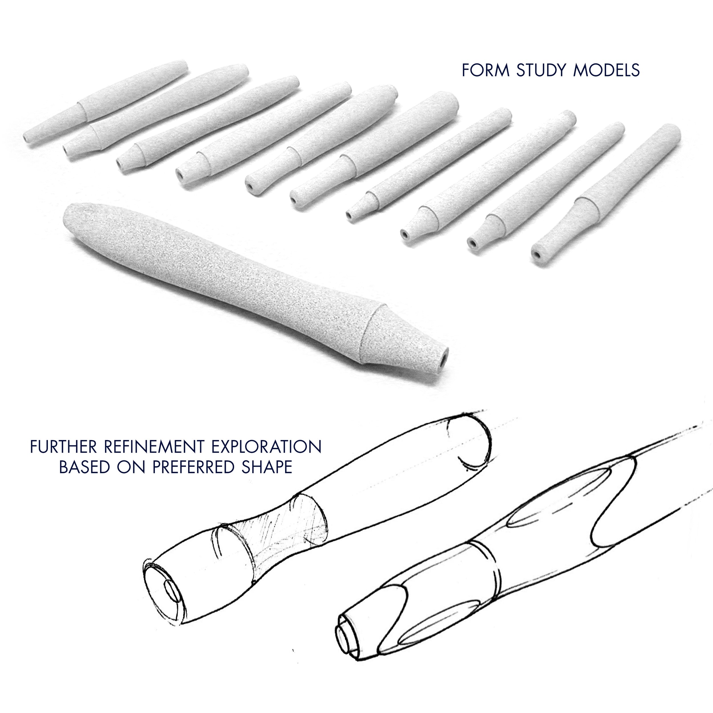 Foam models were cut to physically explore the shape of preferred the marker ideation sketches.
