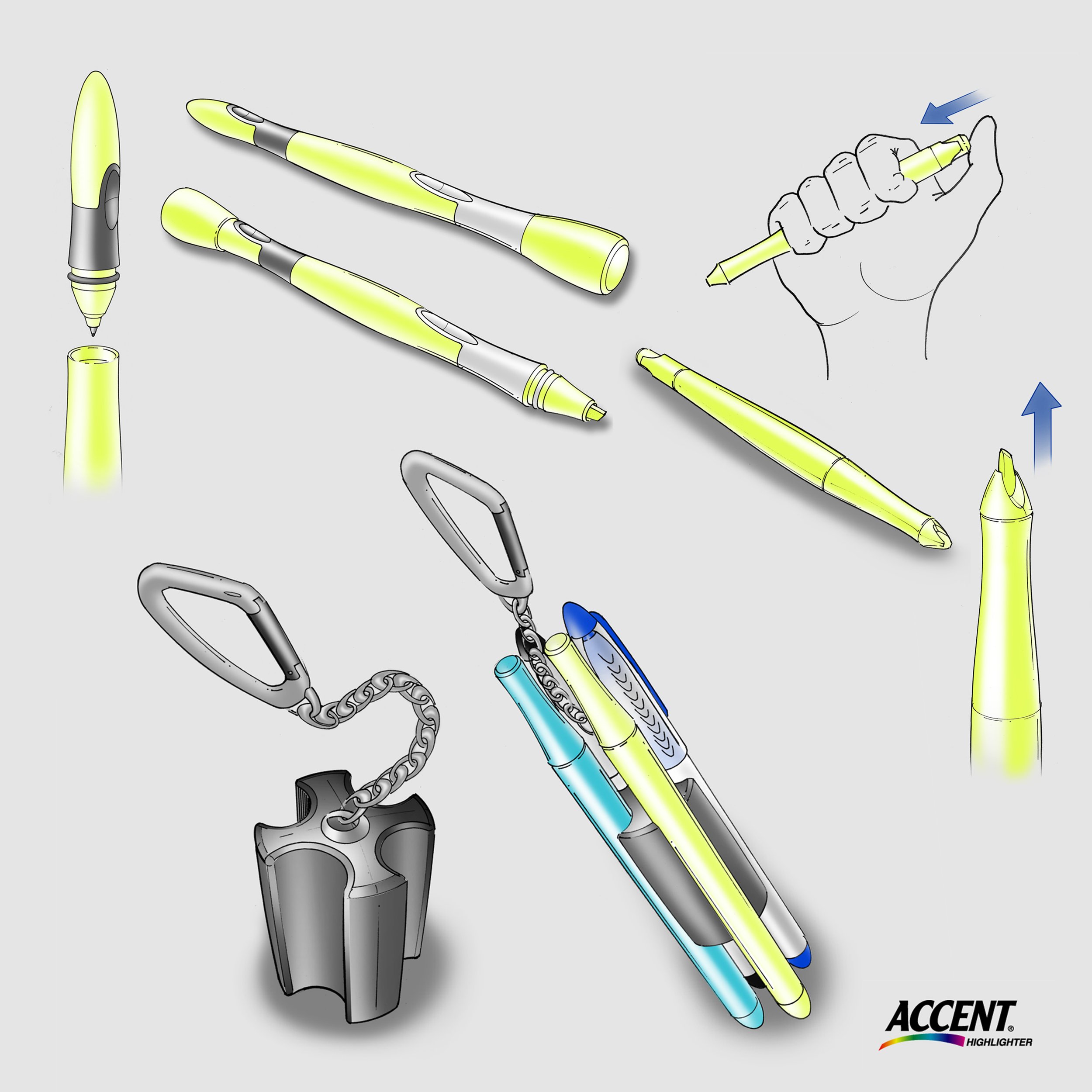 Sanford's Accent highlighters were also explored. i contributed meaningful ideas to the highlighter team from concepts that carried over from my dry-erase ideation.
