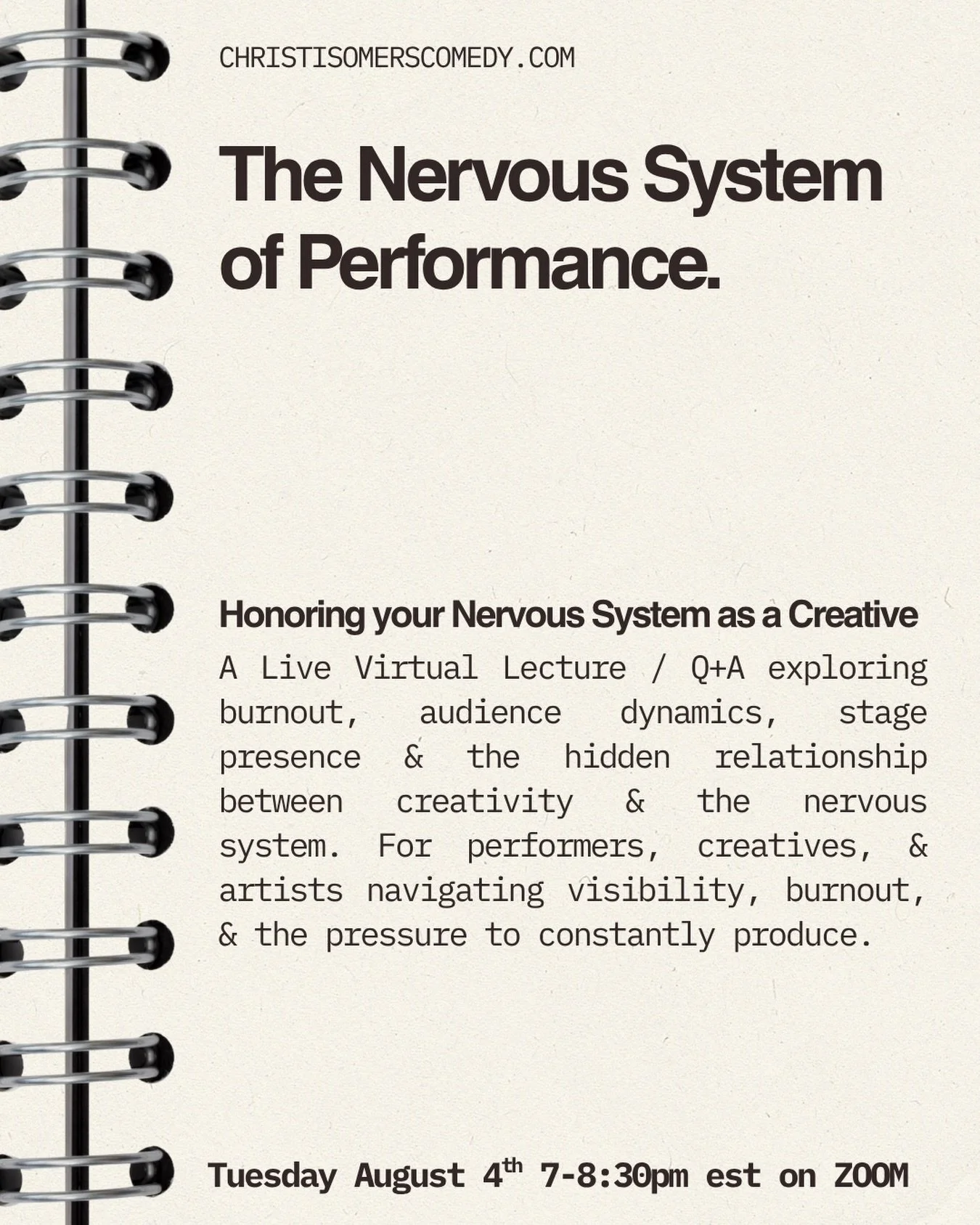 🌟 Honoring Your Nervous System as a Creative 🌟 

A live virtual lecture &amp; Q+A exploring the relationship between performance, creativity, burnout, audience dynamics, &amp; nervous system regulation.

For yearrsss, we&rsquo;ve have been taught t