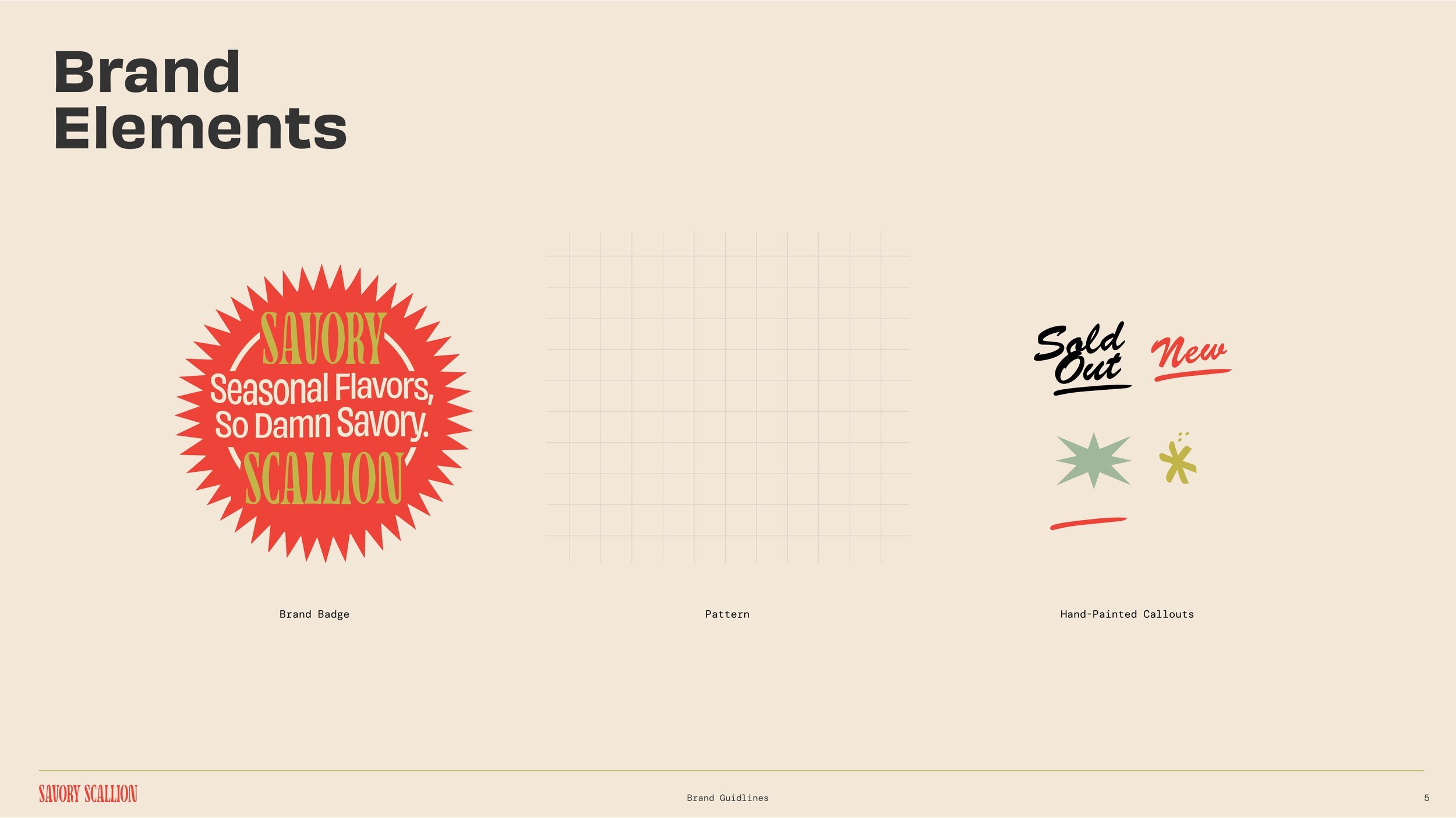 Savory Scallion brand elements: starburst badge, grid pattern and hand-painted callouts
