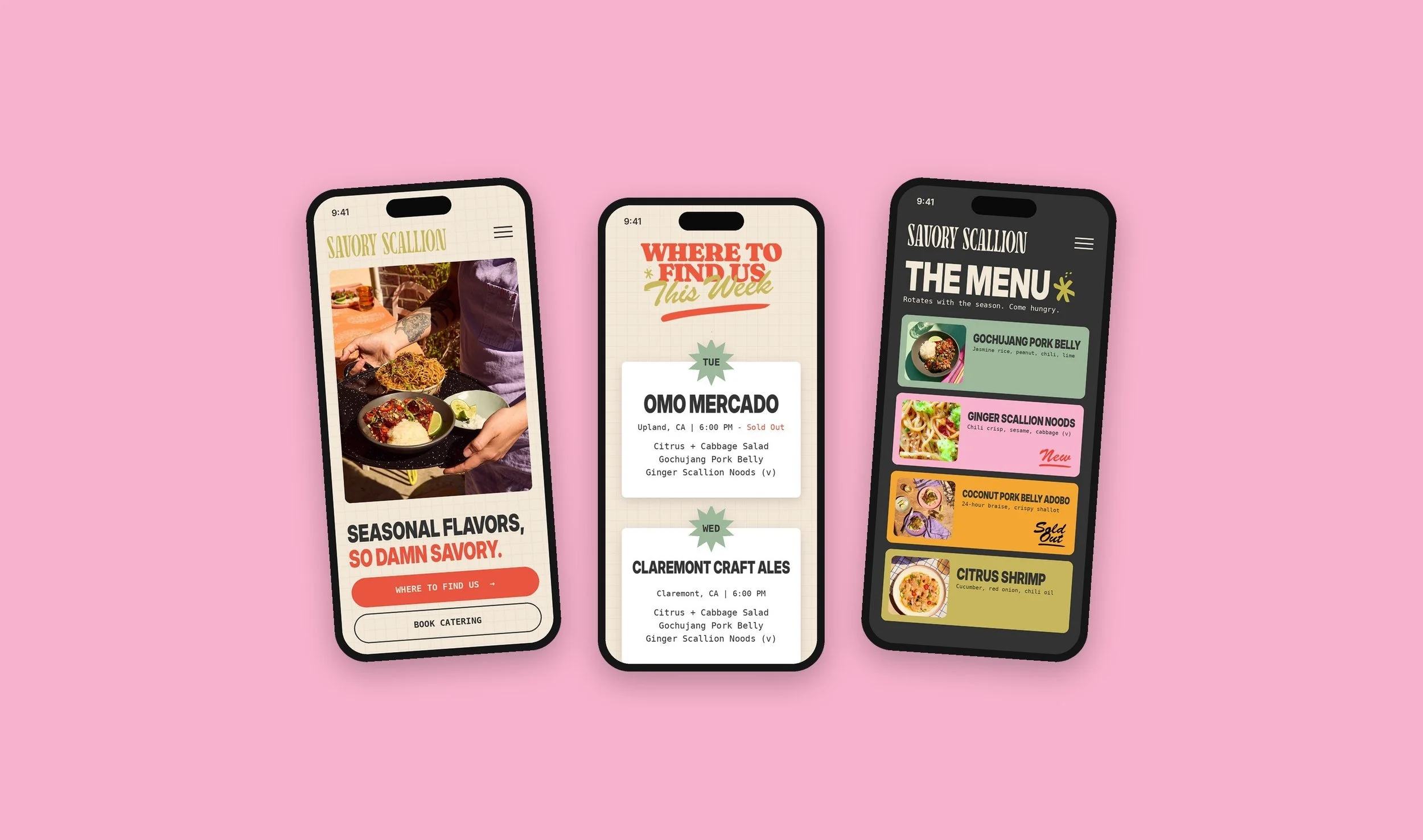Savory Scallion mobile UI/UX screens: home, this week’s pop-up schedule and menu