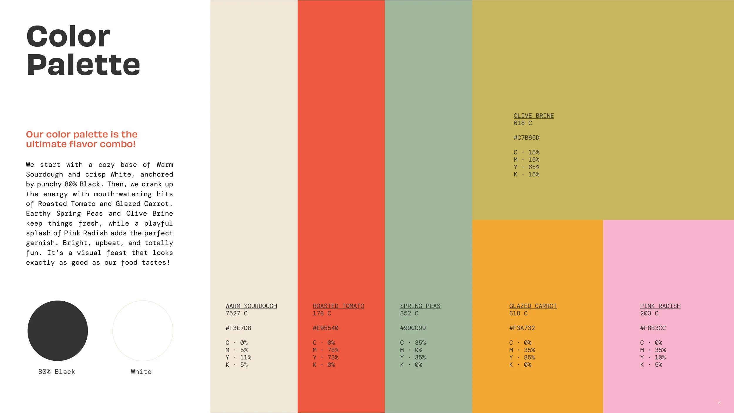 Savory Scallion color palette: Warm Sourdough, Roasted Tomato, Spring Peas, Glazed Carrot, Pink Radish and Olive Brine