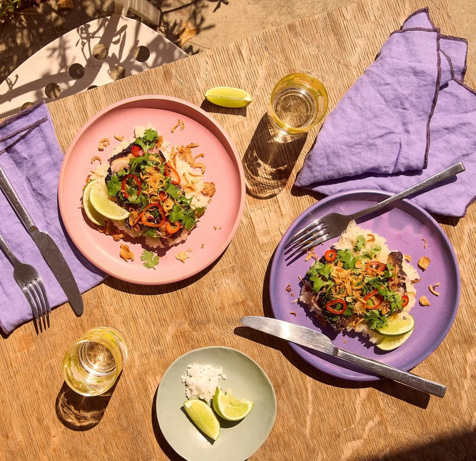 Savory Scallion case study: overhead shot of dishes on pink and lavender plates