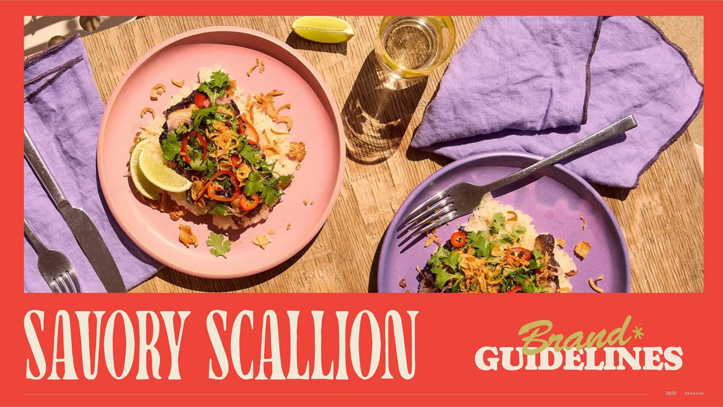 Savory Scallion brand guidelines cover with the cream wordmark over an overhead shot of dishes on pink and lavender plates