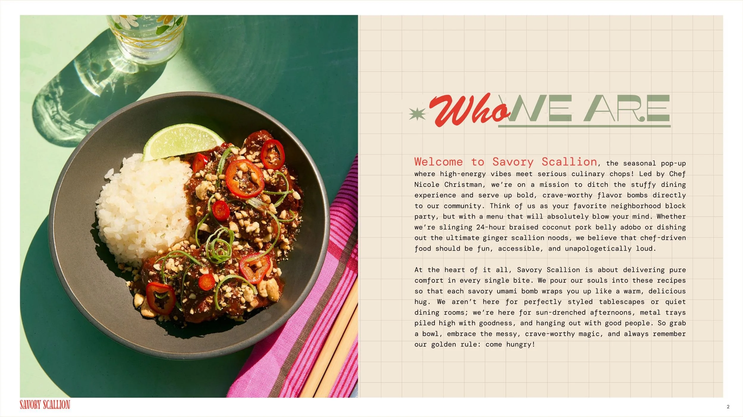 Savory Scallion Who We Are page introducing the seasonal pop-up by Chef Nicole Christman