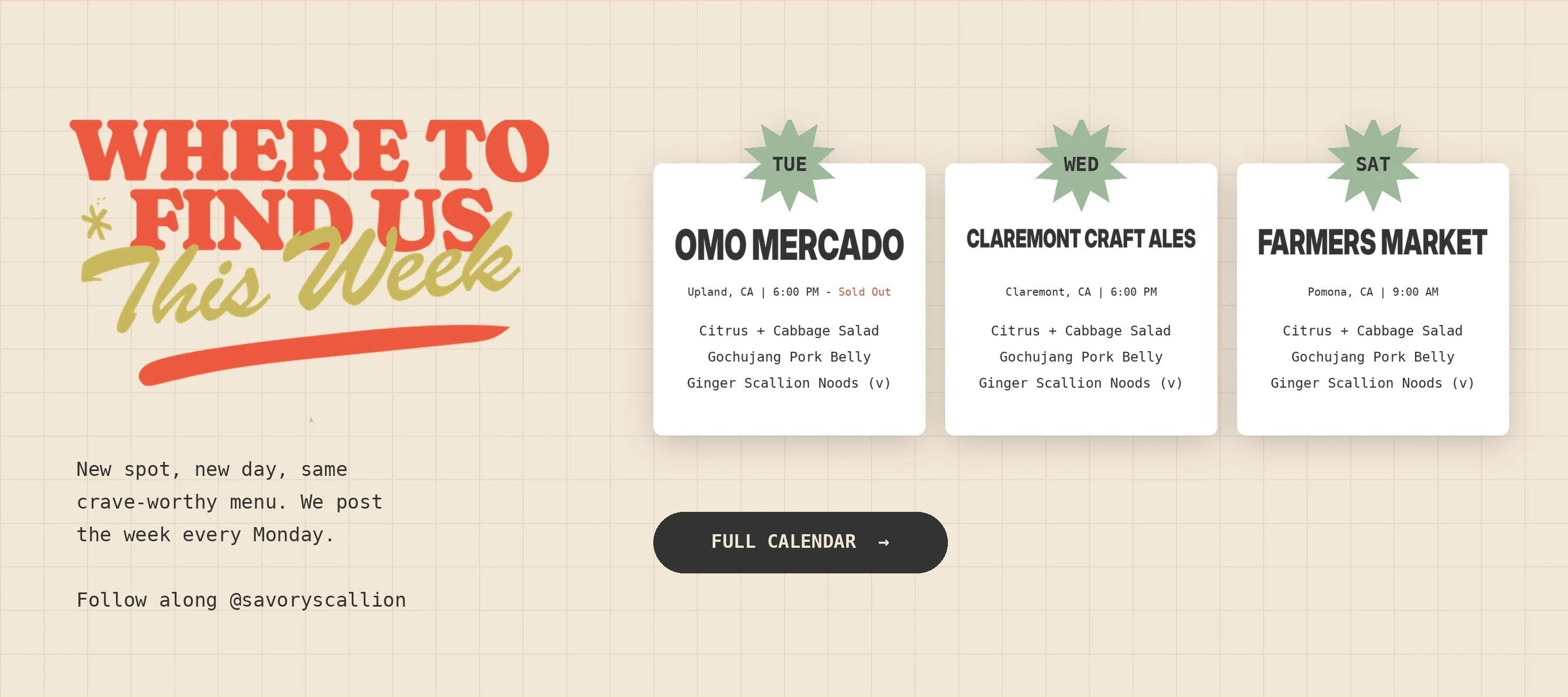 Where to Find Us This Week pop-up schedule on the Savory Scallion website