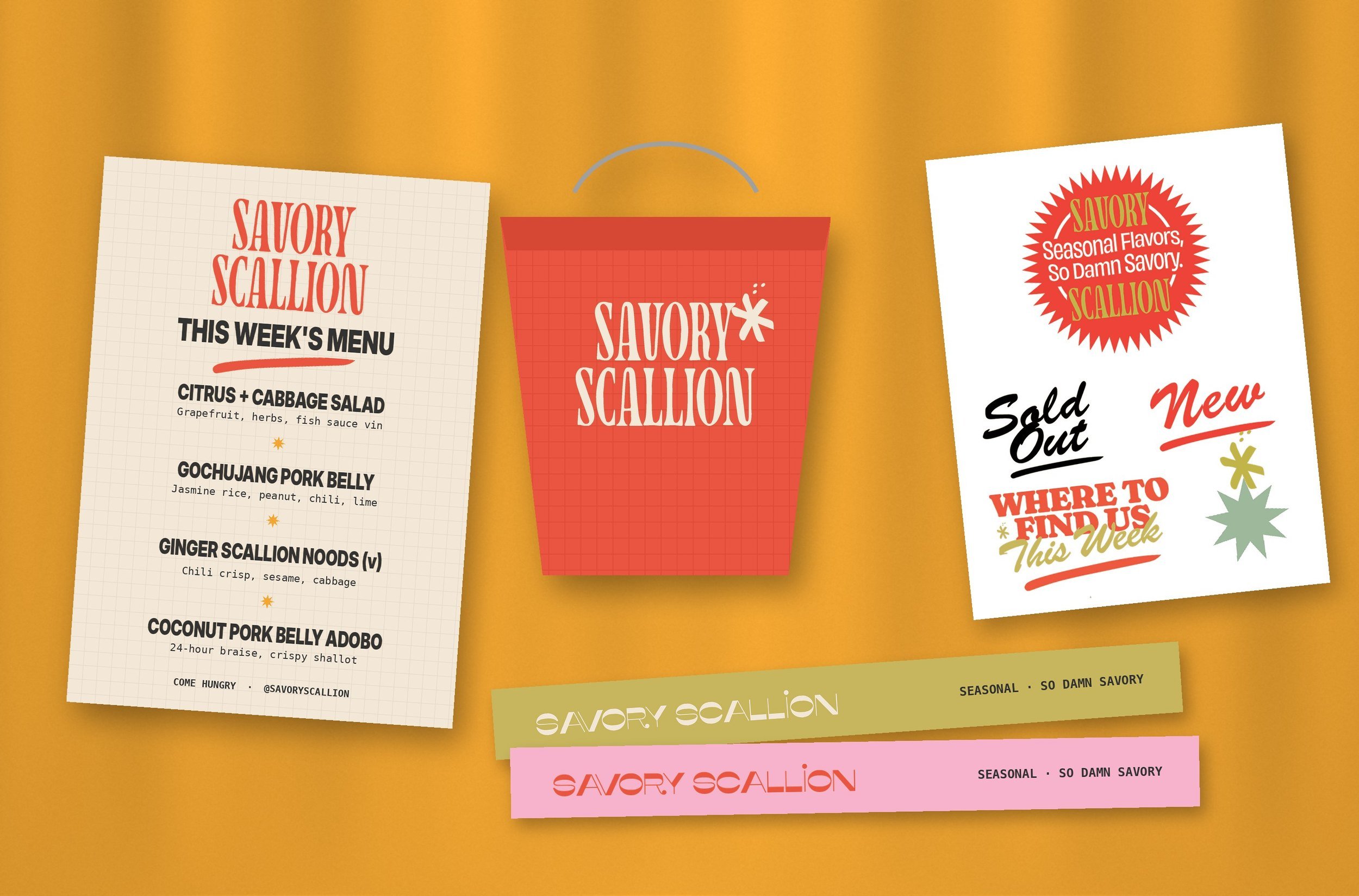 Savory Scallion collateral flat lay: menu, takeout bag, stickers and chopstick sleeves