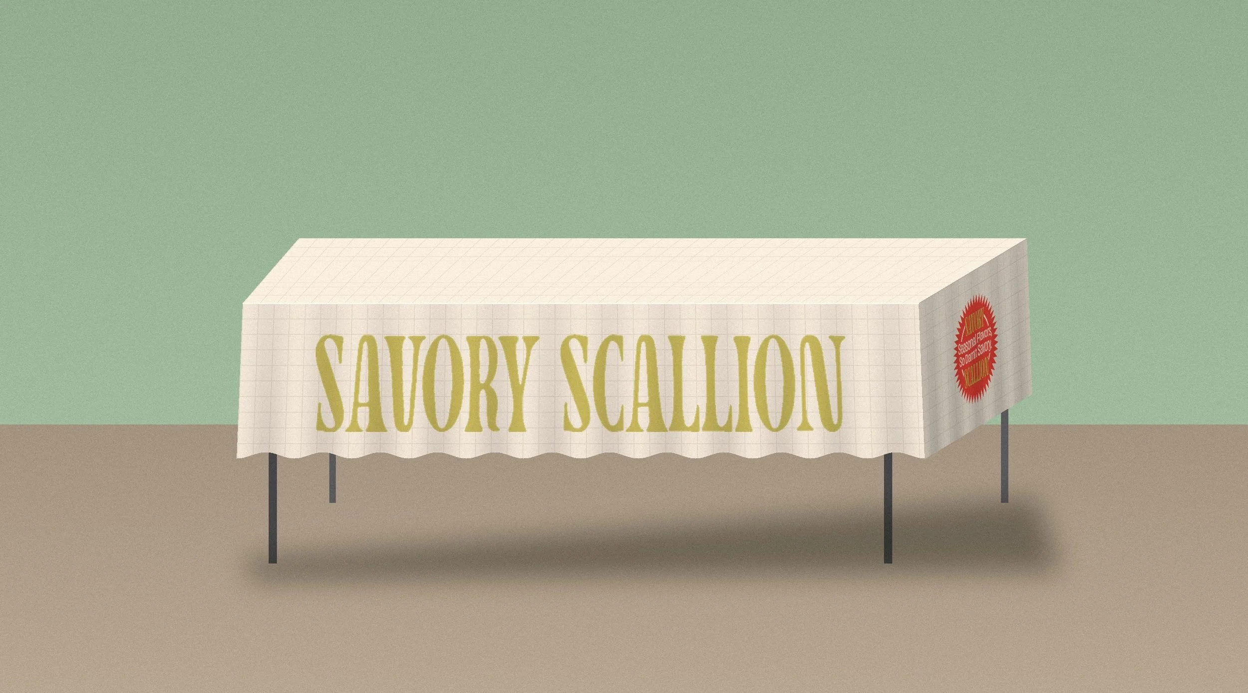 Savory Scallion branded tablecloth on a pop-up table