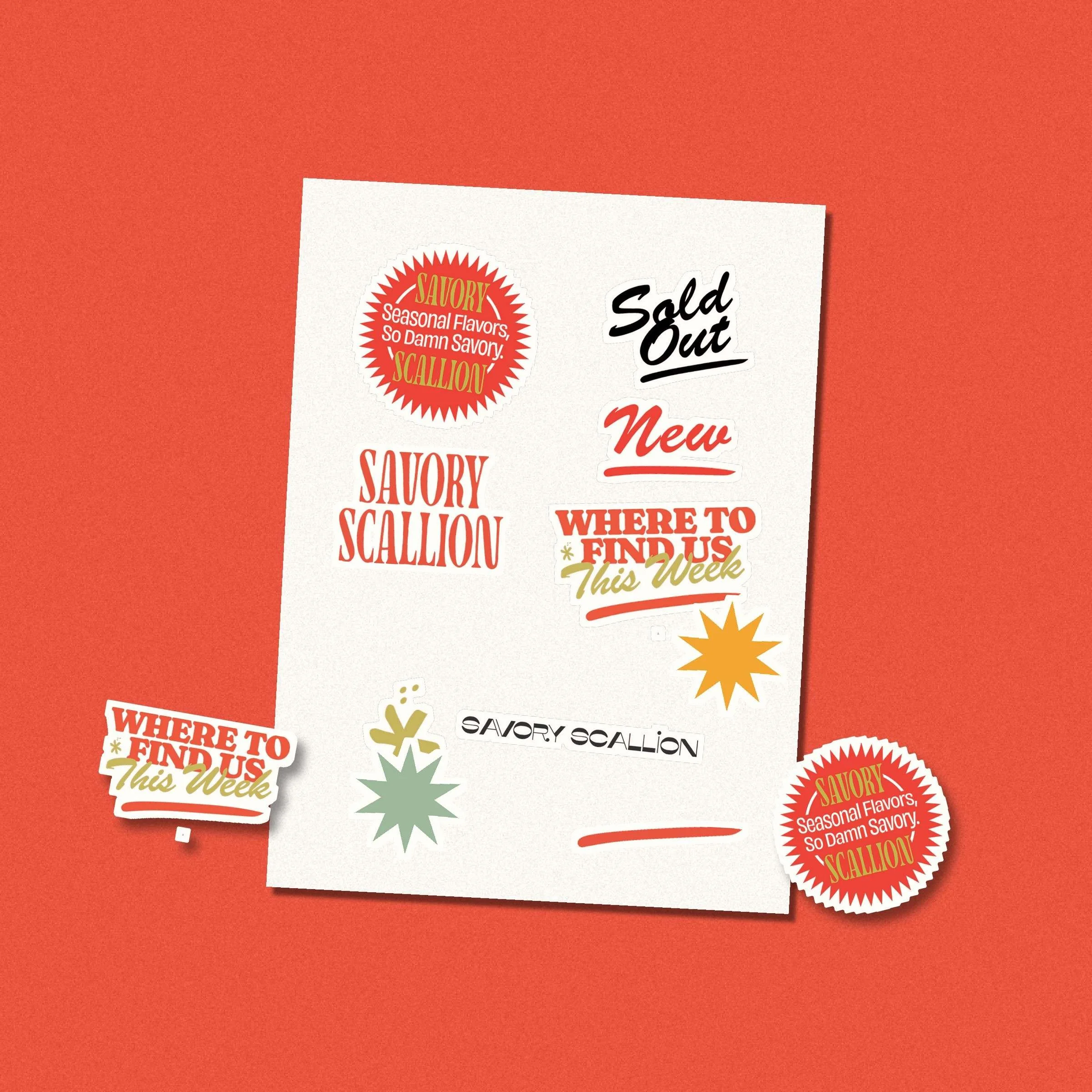 Savory Scallion die-cut sticker sheet on red