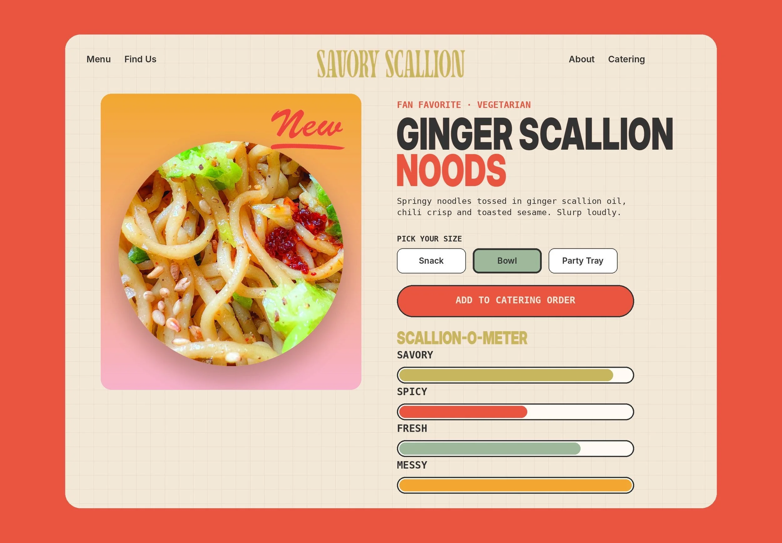 Savory Scallion dish page for Ginger Scallion Noods with size picker and Scallion-o-Meter