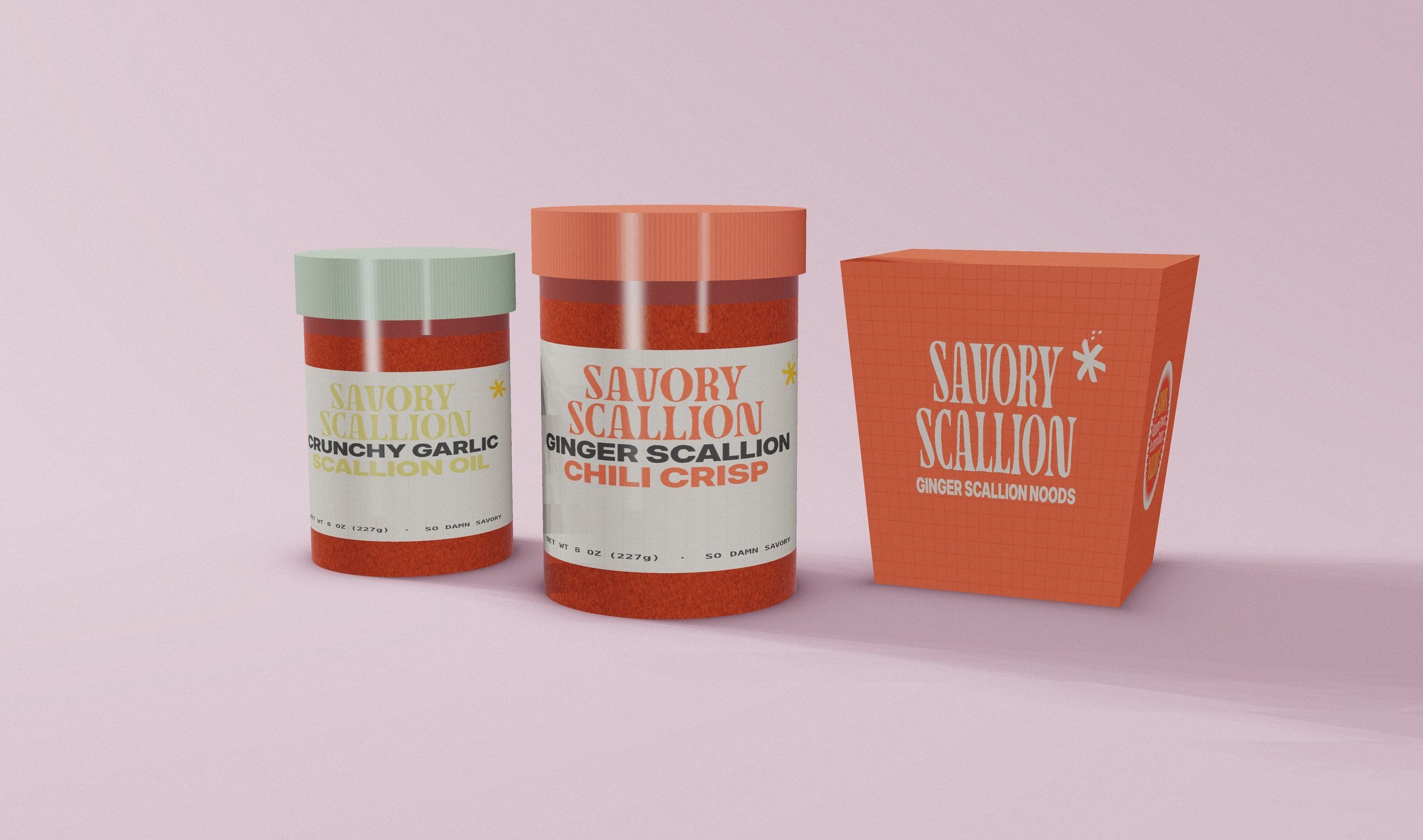Savory Scallion retail jars of ginger scallion chili crisp and crunchy garlic scallion oil with a takeout carton