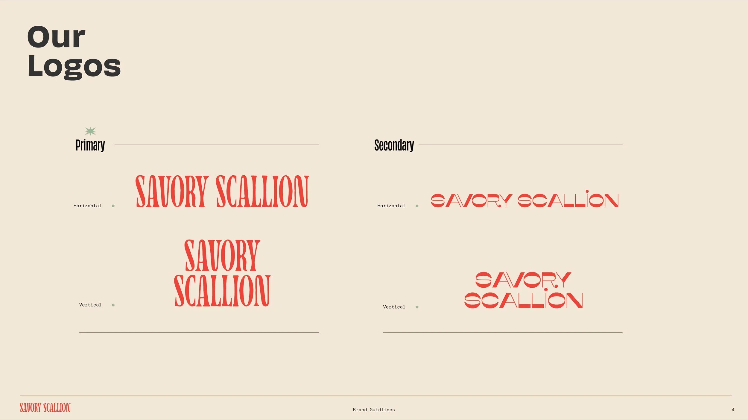 Savory Scallion logo suite: primary and secondary wordmarks in horizontal and vertical lockups