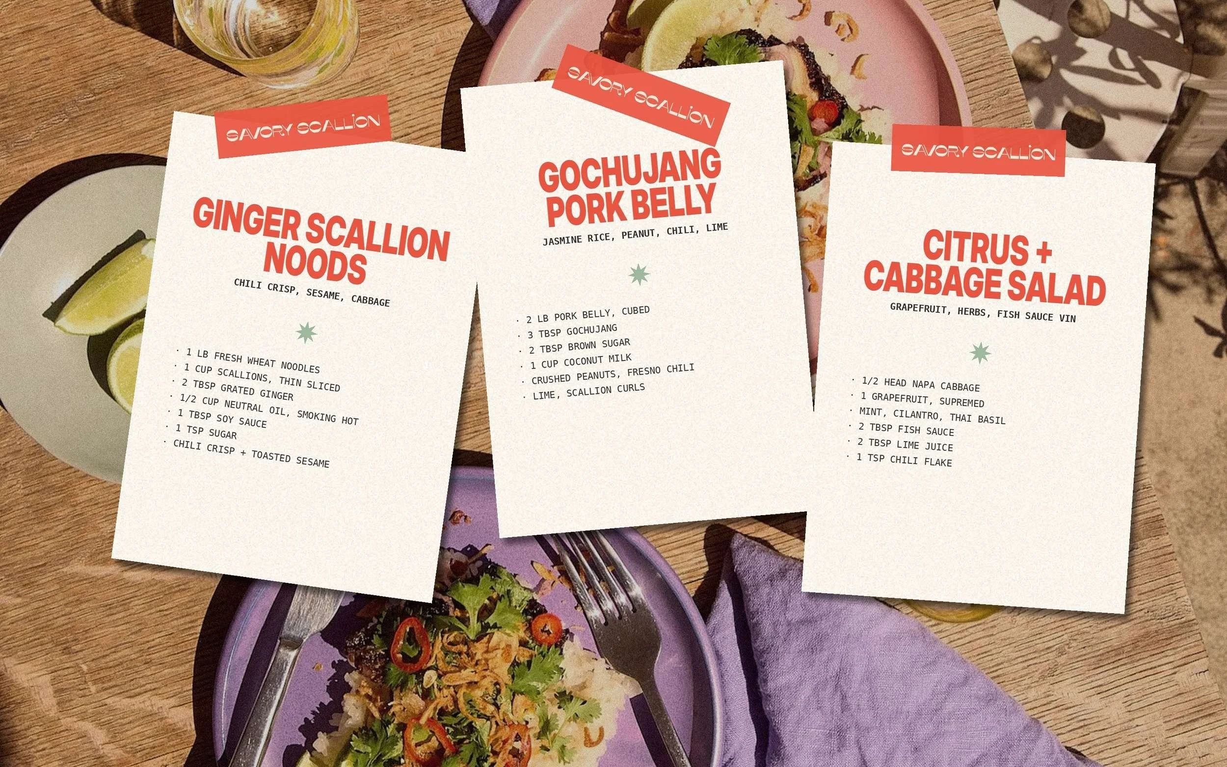 Savory Scallion recipe cards on a table of dishes
