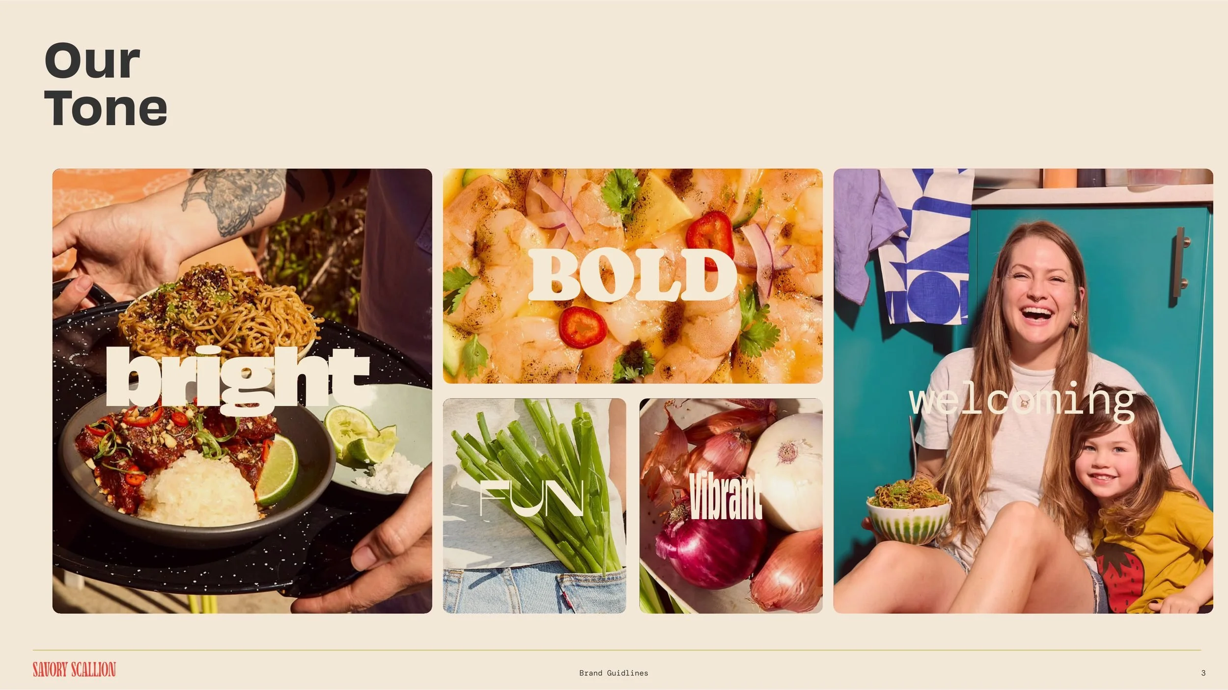 Savory Scallion tone of voice page: bright, bold, vibrant and welcoming