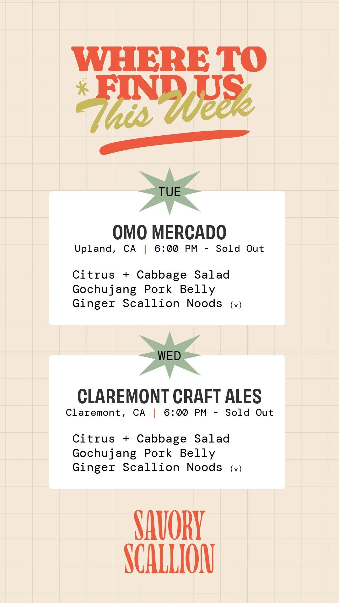 Savory Scallion weekly pop-up schedule Instagram story