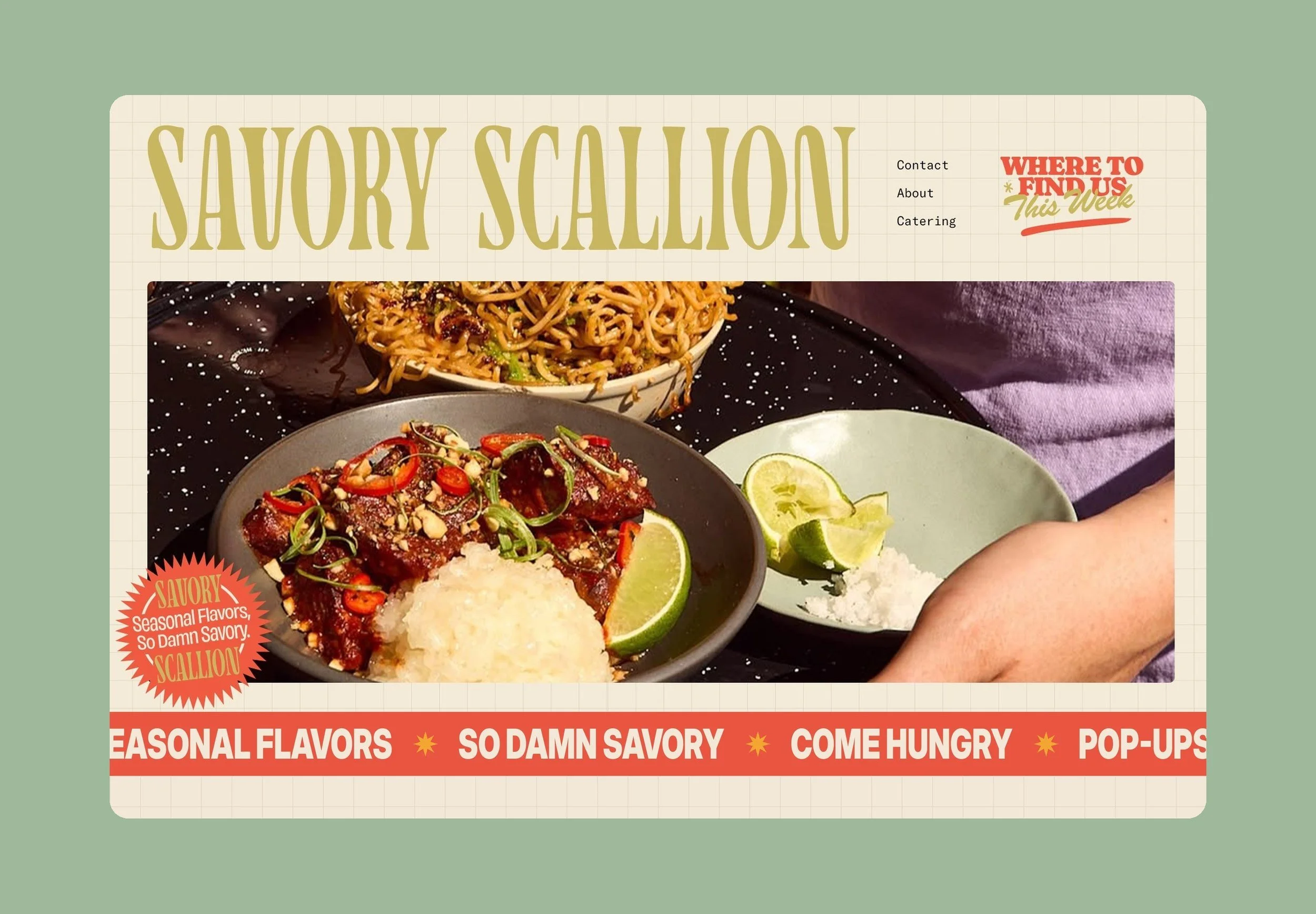 Savory Scallion website homepage design on desktop with the weekly Where to Find Us callout