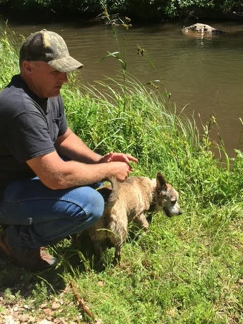 Man crouching beside a small dog near a riverbank with tall grass, holding the dog's tail.
