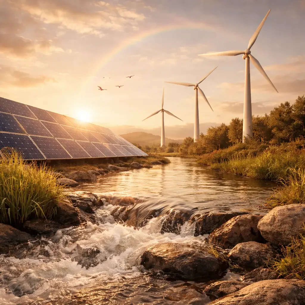 Sonnenaufgang über einer Wasserkraft- und Windenergieanlage, mit Solarzellen und Windturbinen, in einer natürlichen Flusslandschaft, im Himmel ein Regenbogen und Vögel.