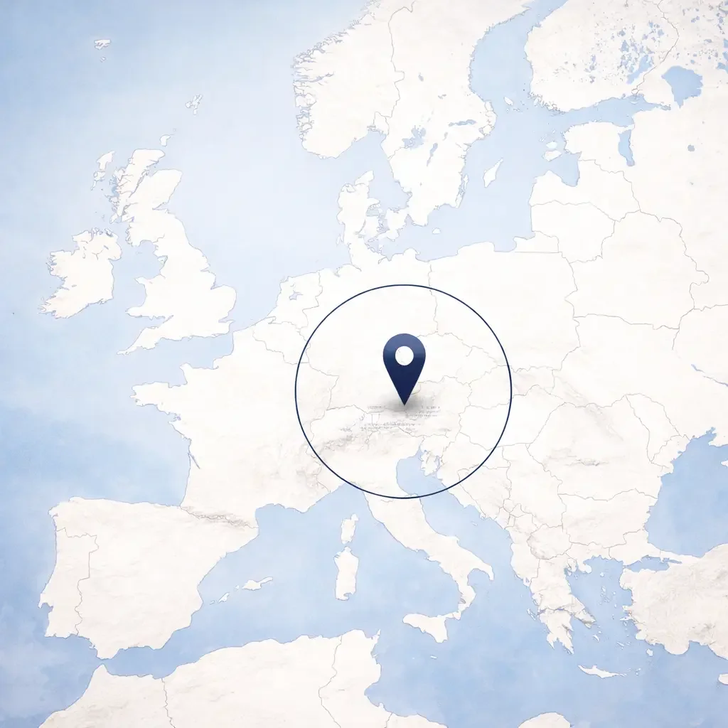 Karte von Europa mit einem Standortmarker in Salzburg, umgeben von einem Kreis.