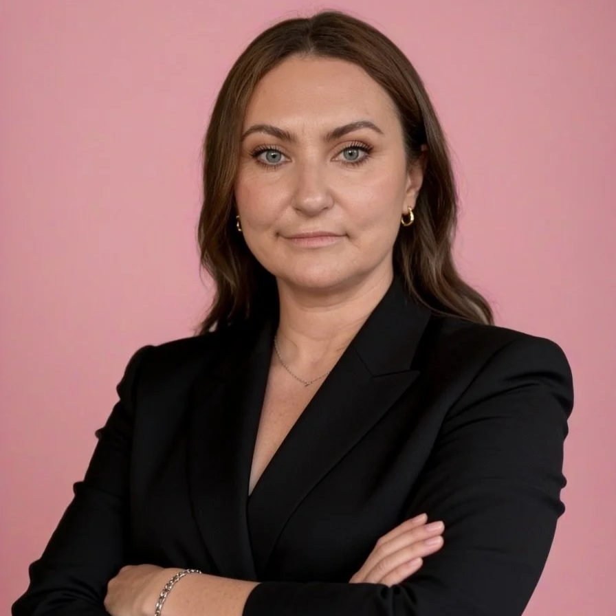 A woman with brown hair and blue eyes is looking at the camera with a neutral expression, wearing a blue top against a black background.