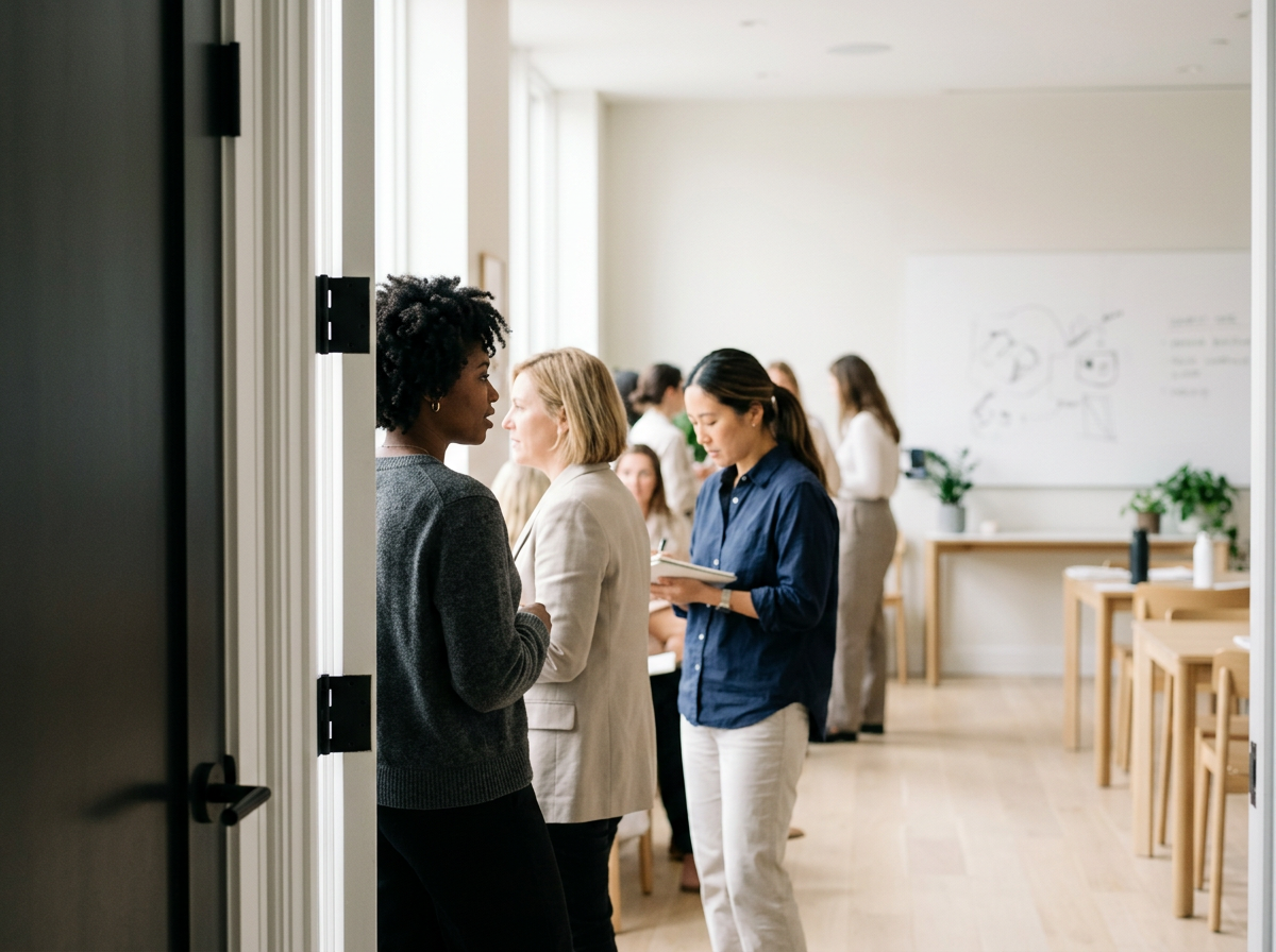People engaging in conversation and taking notes inside a bright, modern room with white walls, wooden furniture, and a whiteboard in the background.