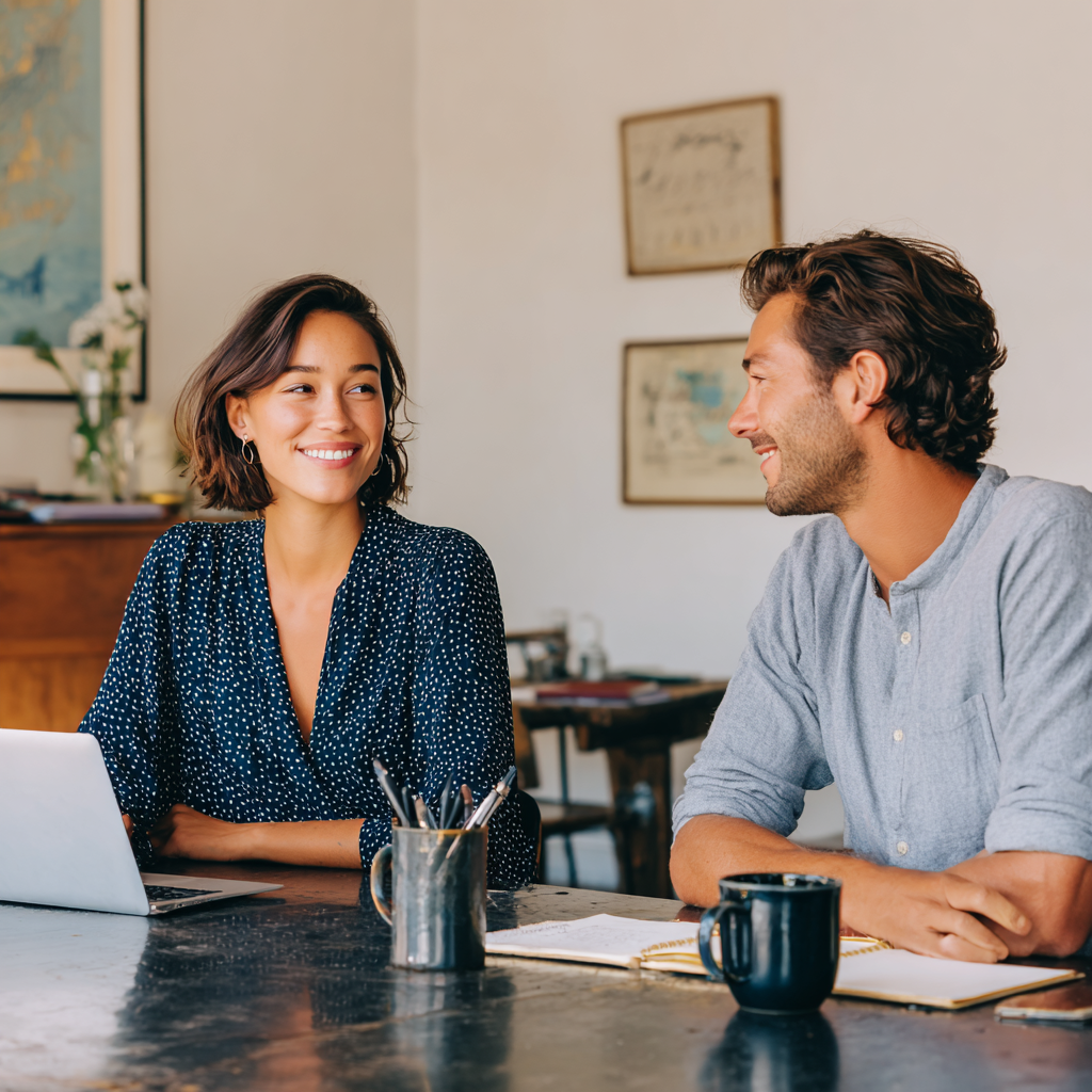 A woman and a man sitting at a table, smiling and engaging in conversation, with notebooks, a mug, and a laptop on the table.