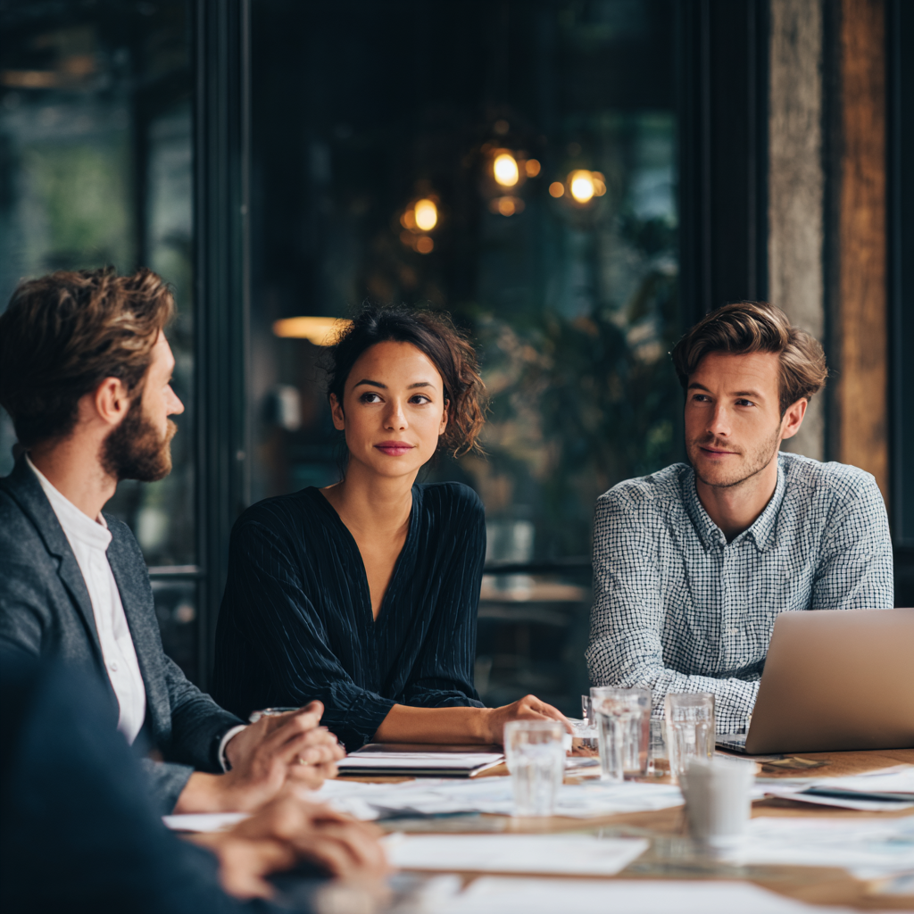 Three people sit at a wooden table in a modern meeting room, engaged in conversation. There are notebooks, glasses of water, a laptop, and a coffee cup on the table.