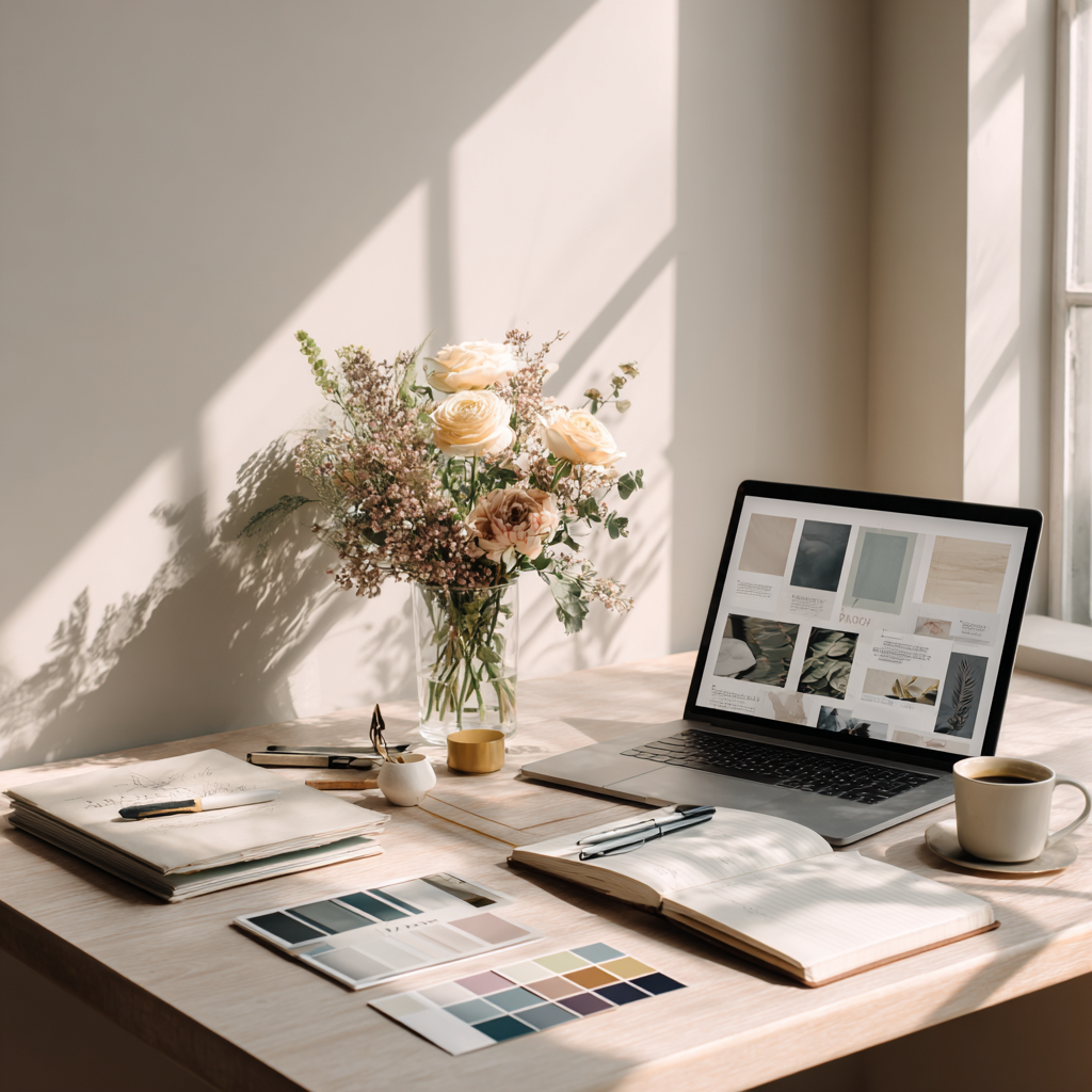 A workspace with a wooden desk, a laptop displaying design images, a bouquet of flowers in a glass vase, notebooks, pens, color swatches, a cup of coffee, and a small decorative container, illuminated by natural sunlight.