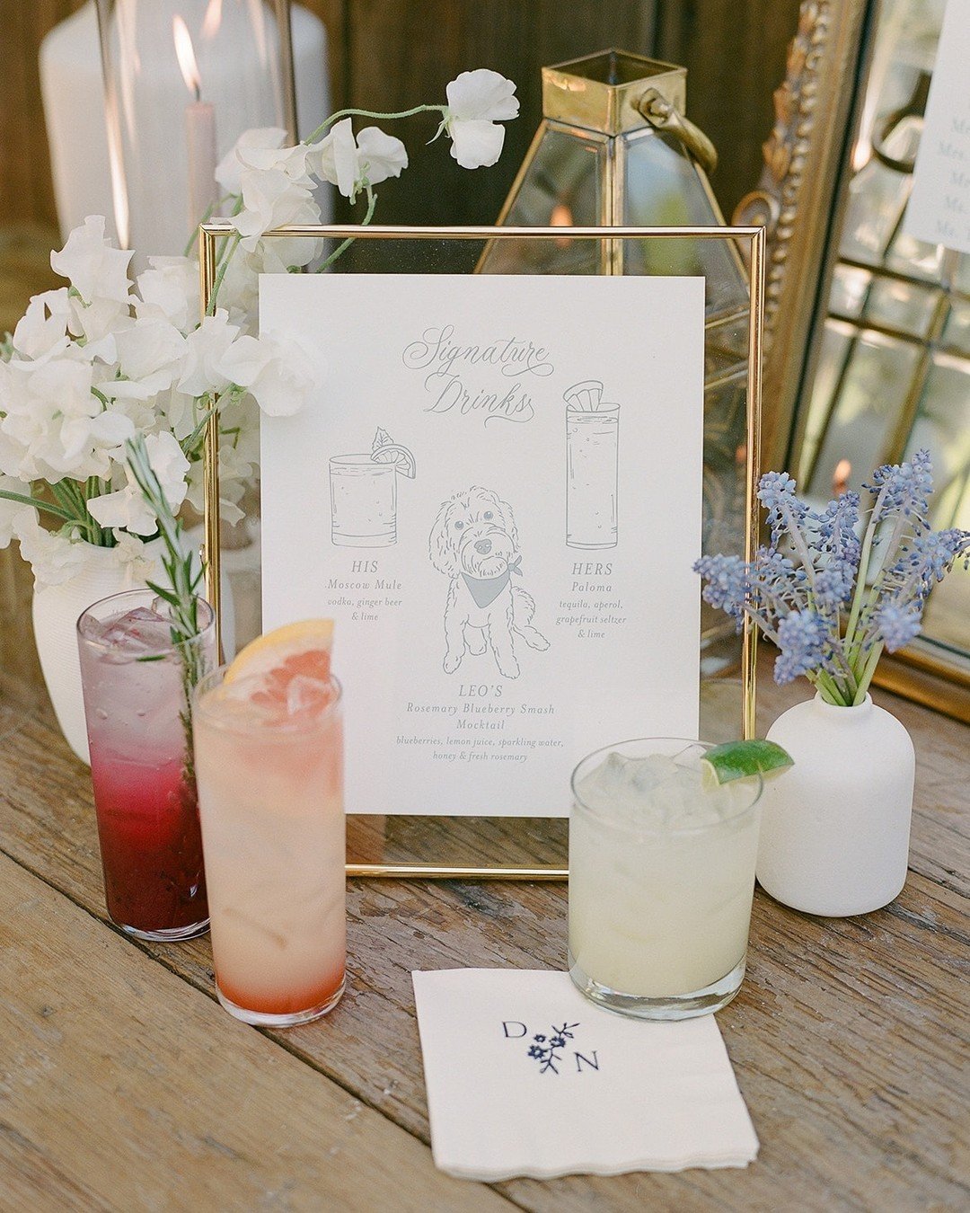 Choose your fighter: cocktail edition 🍹

His🤵&zwj;♂️: Moscow Mule
Hers👰&zwj;♀️: Paloma
Leo's 🐶: Rosemary Blueberry Smash Mocktail

Photography: @theganeys
Planner: @oohlalaweddings
Signage: @peachpapertx
Rentals: @encoreeventsrentals
#sonomacount