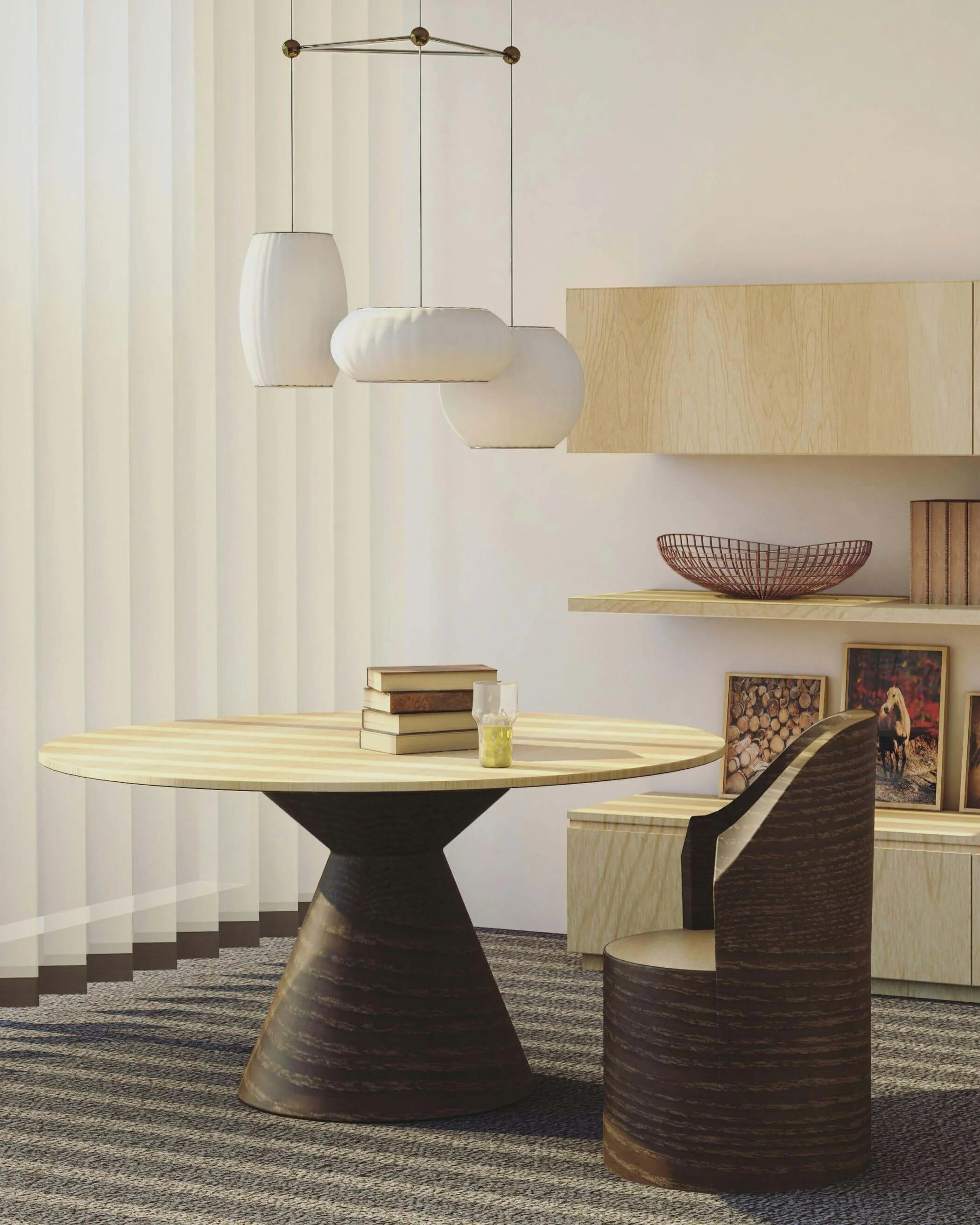 Intérieur moderne avec table ronde en bois, fauteuil en bois foncé, suspension en blanc, étagères en bois clair, et décorations