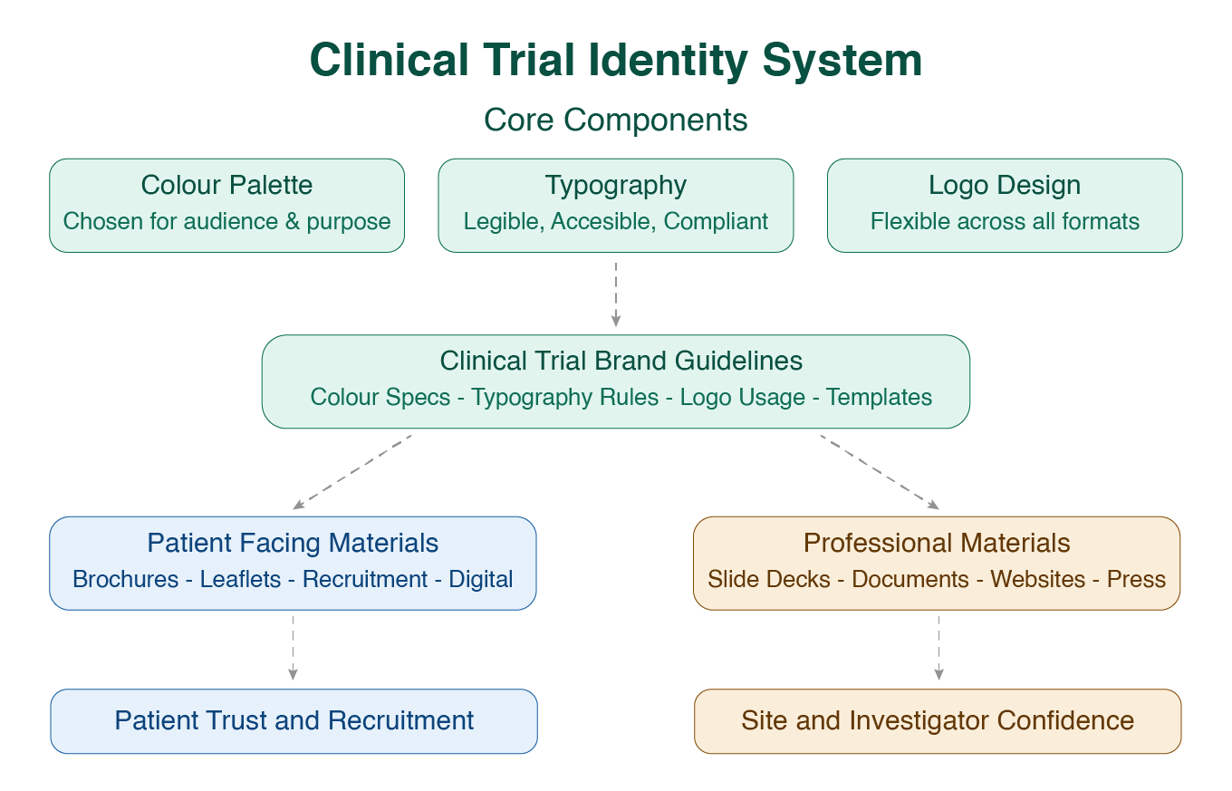 Diagram showing the core components of a clinical trial identity system including colour palette, typography, logo design and brand guidelines