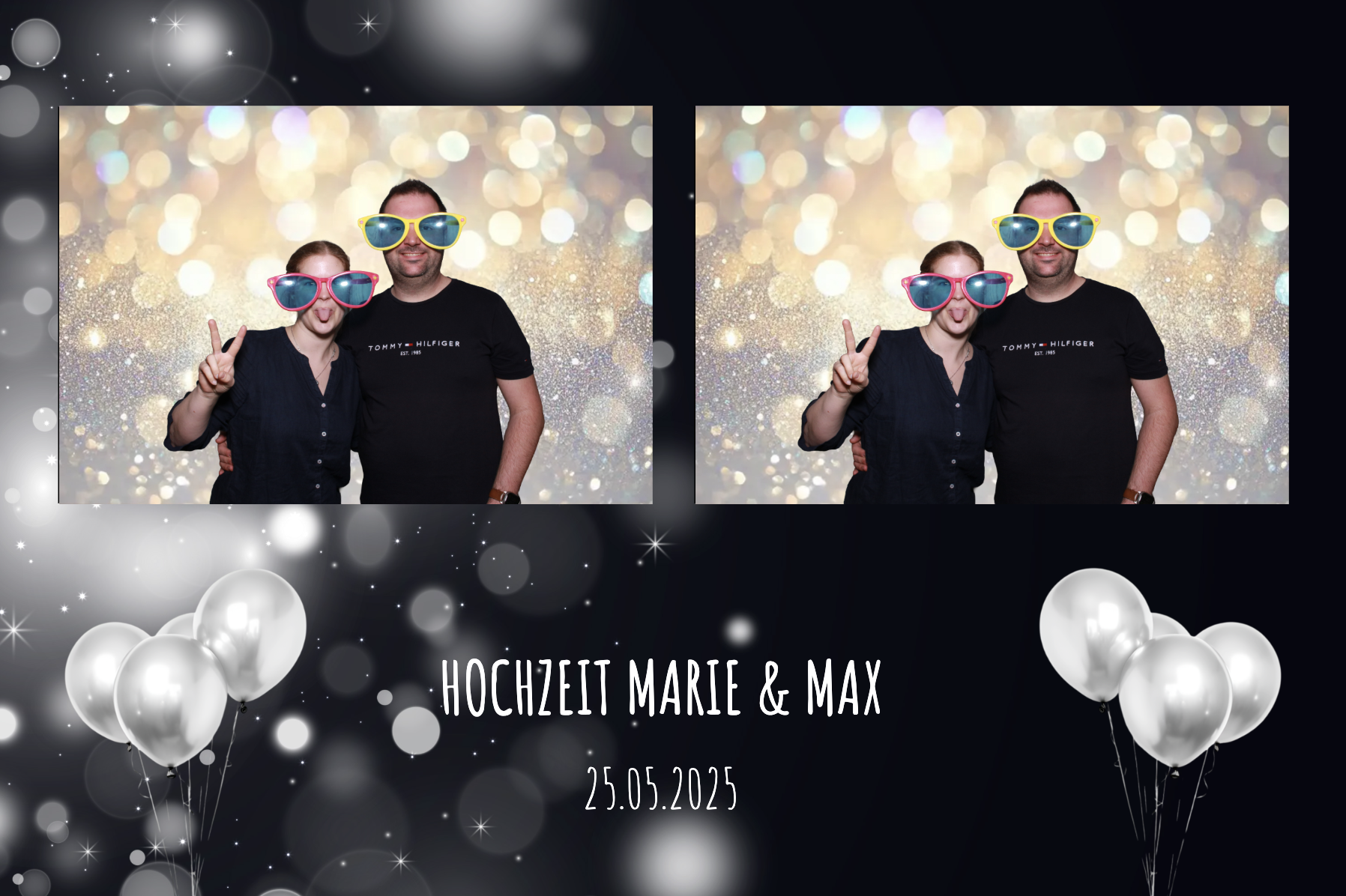 Fotobooth-Bild mit einem Brautpaar, das in Party-Sonnenbrillen posiert, vor einem glitzernden Hintergrund. Unten befindet sich ein grafisches Design mit weißen Luftballons und Text, der die Hochzeit von Marie und Max am 25.05.2025 feiert.